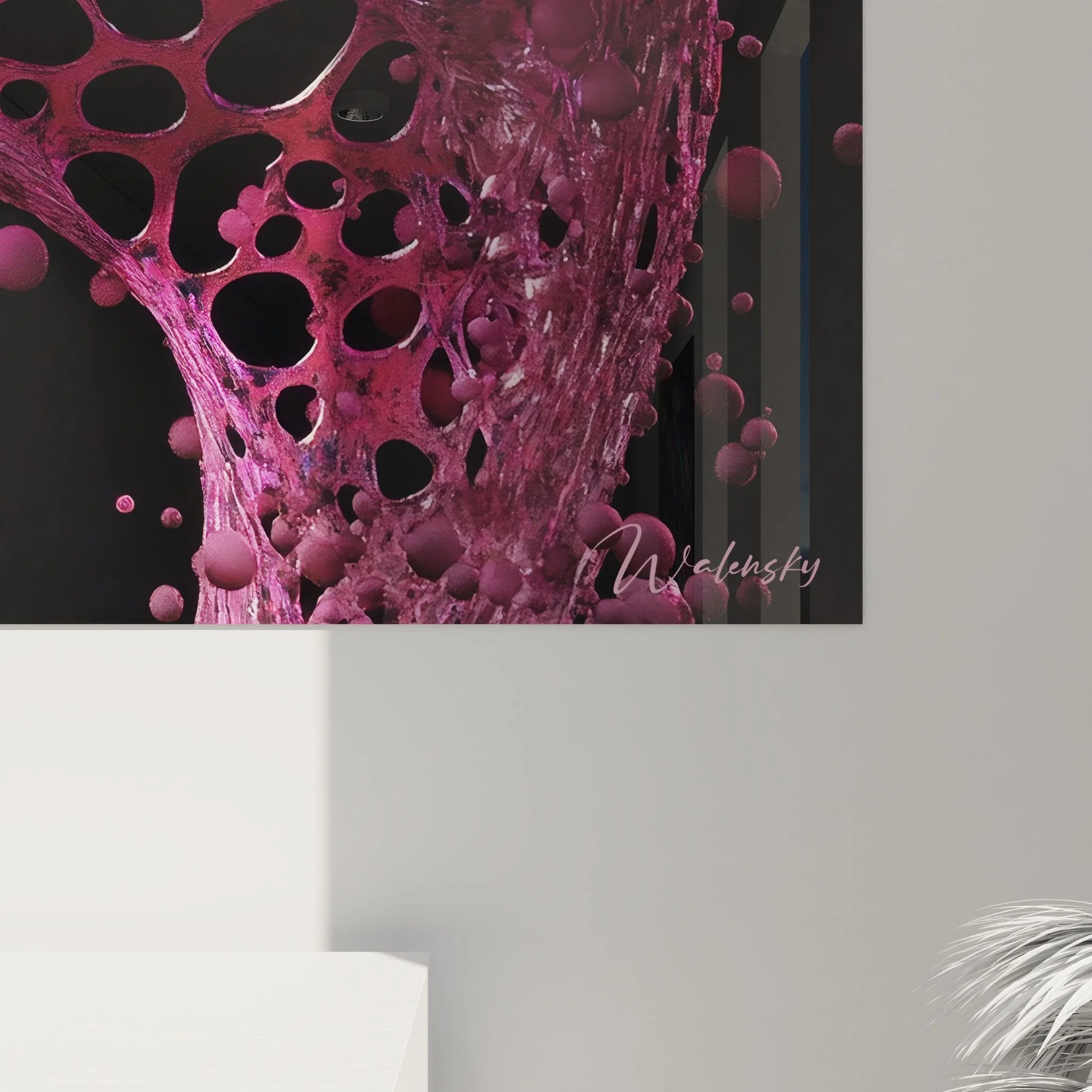 Gesamtansicht DNA Wandbild XXL mit kompletter Doppelhelix Struktur in leuchtenden Rosa Farben