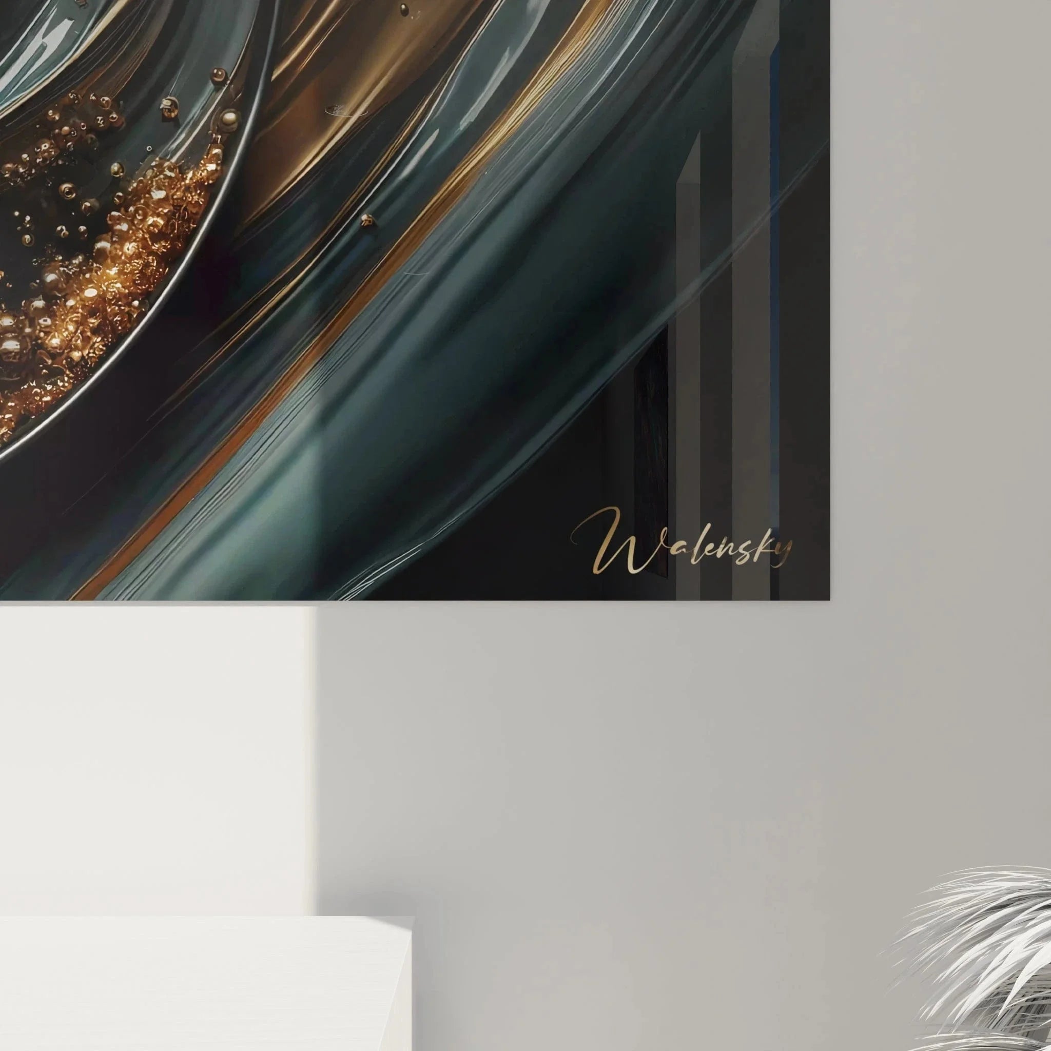 Gesamtansicht expressionistisches Yin Yang Kunstwerk mit Spiegelung auf glatter Oberfläche