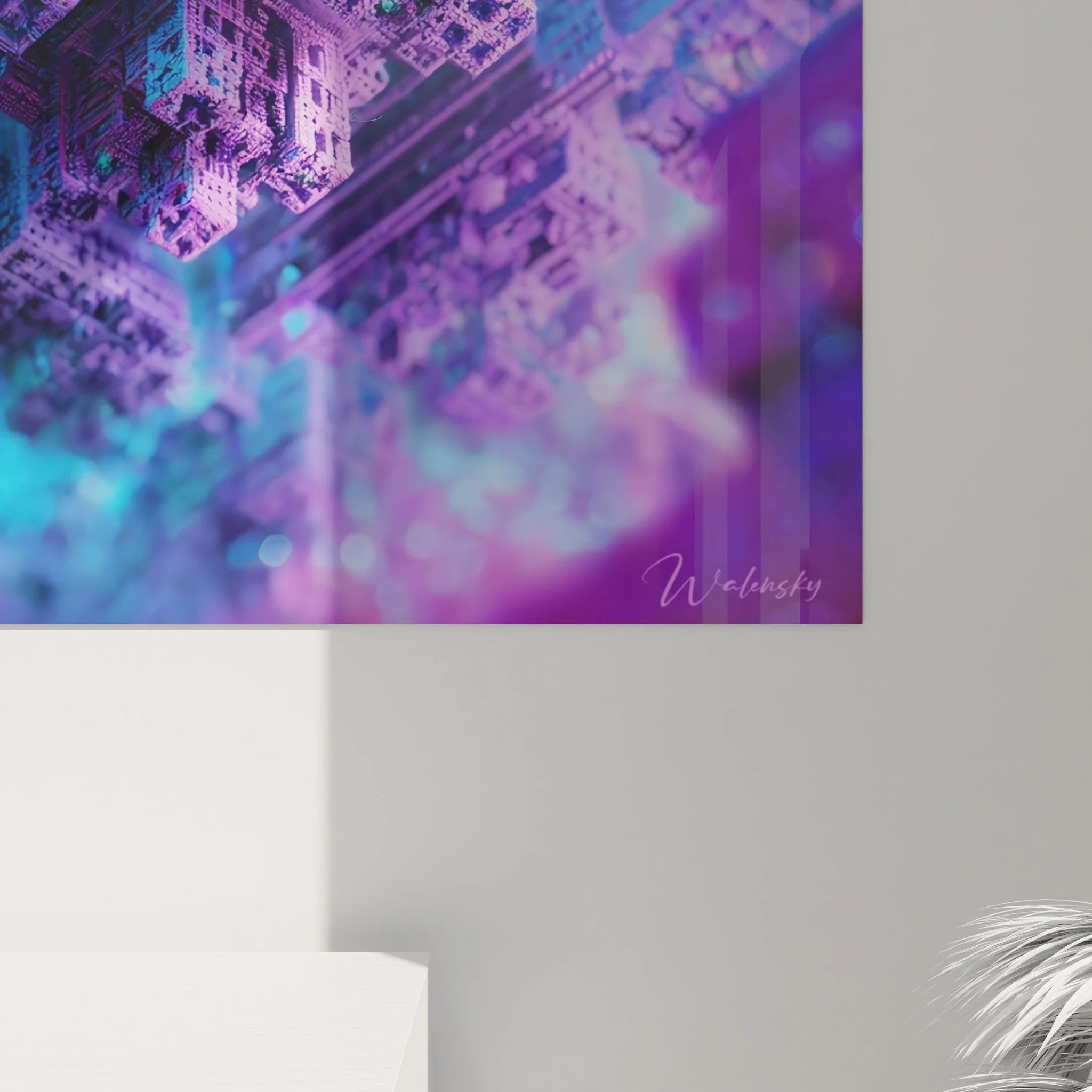 Gesamtansicht Wandbild futuristische Kristallwelten - abstrakte Cyber Art in Neonfarben