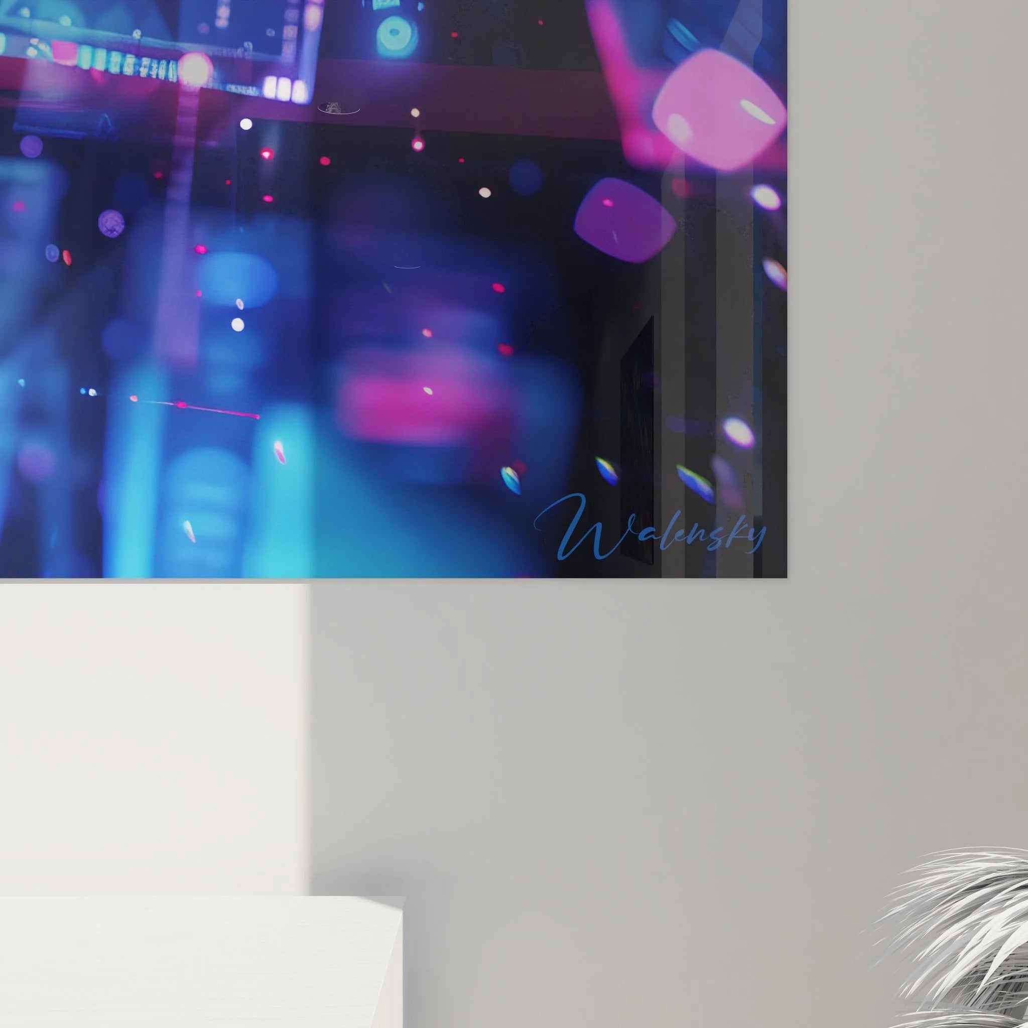 Gesamtansicht futuristisches Cyberpunk Stadt Wandbild XXL - Abstrakte Neon Kunstwerk Wanddekoration