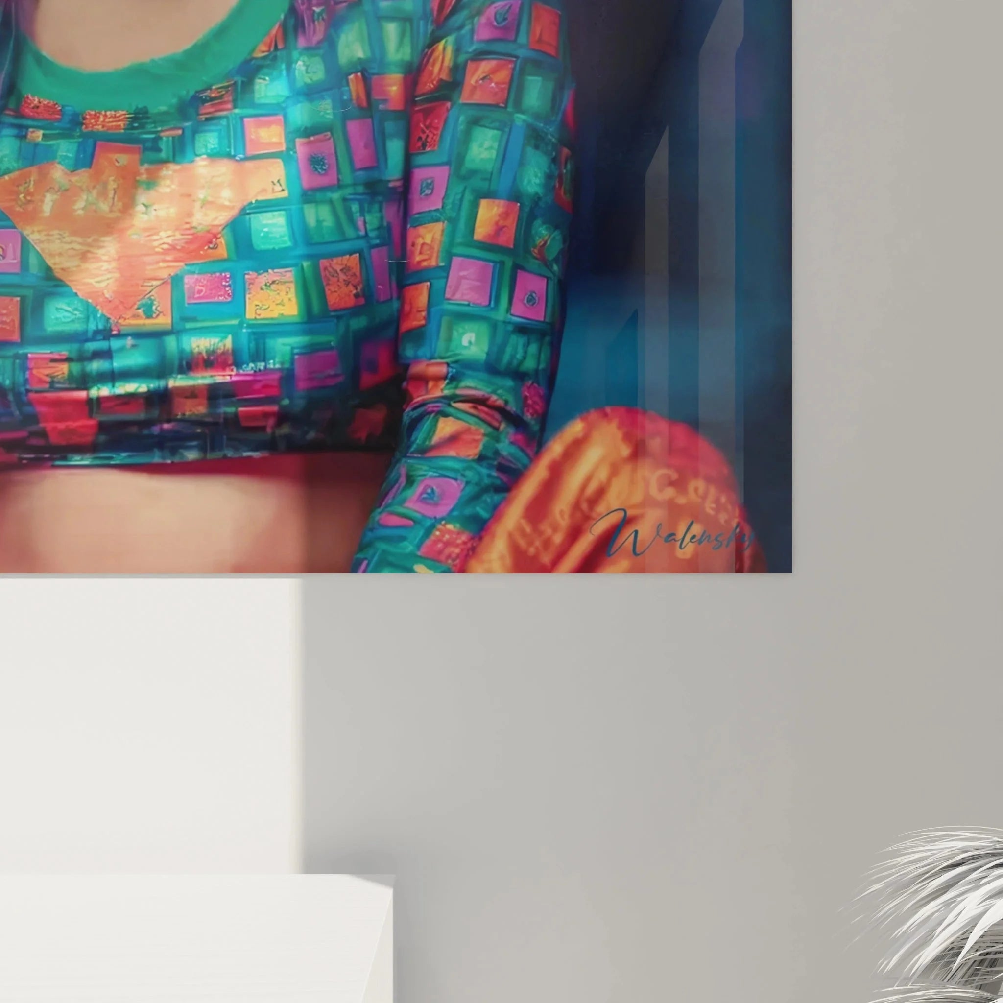 Gesamtansicht futuristisches Wandbild Cyberpunk mit leuchtenden Neonfarben Streetwear Art