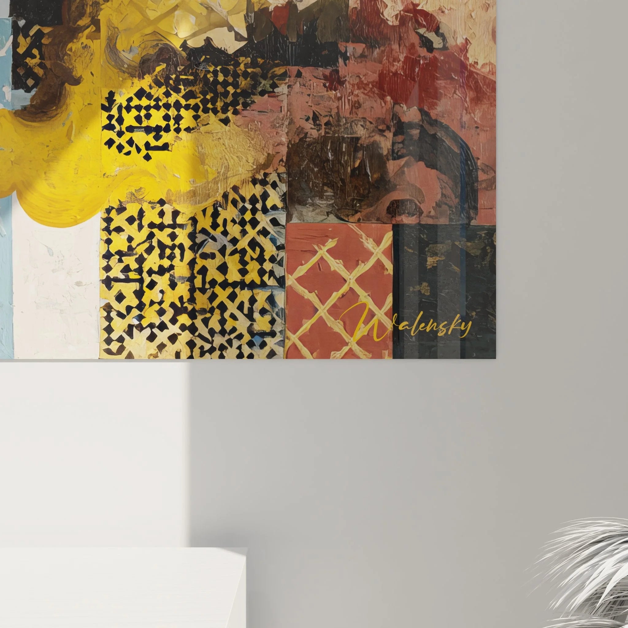 Gesamtansicht geometrisches Wandbild XXL abstrakte Komposition mit Karomustern und Farbexplosion