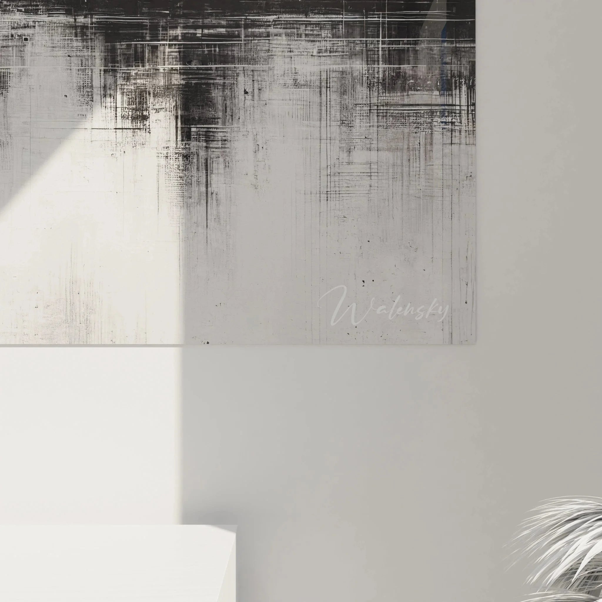 Gesamtansicht Wandbild abstrakte Industrielandschaft schwarz-weiß mit Spiegeleffekt