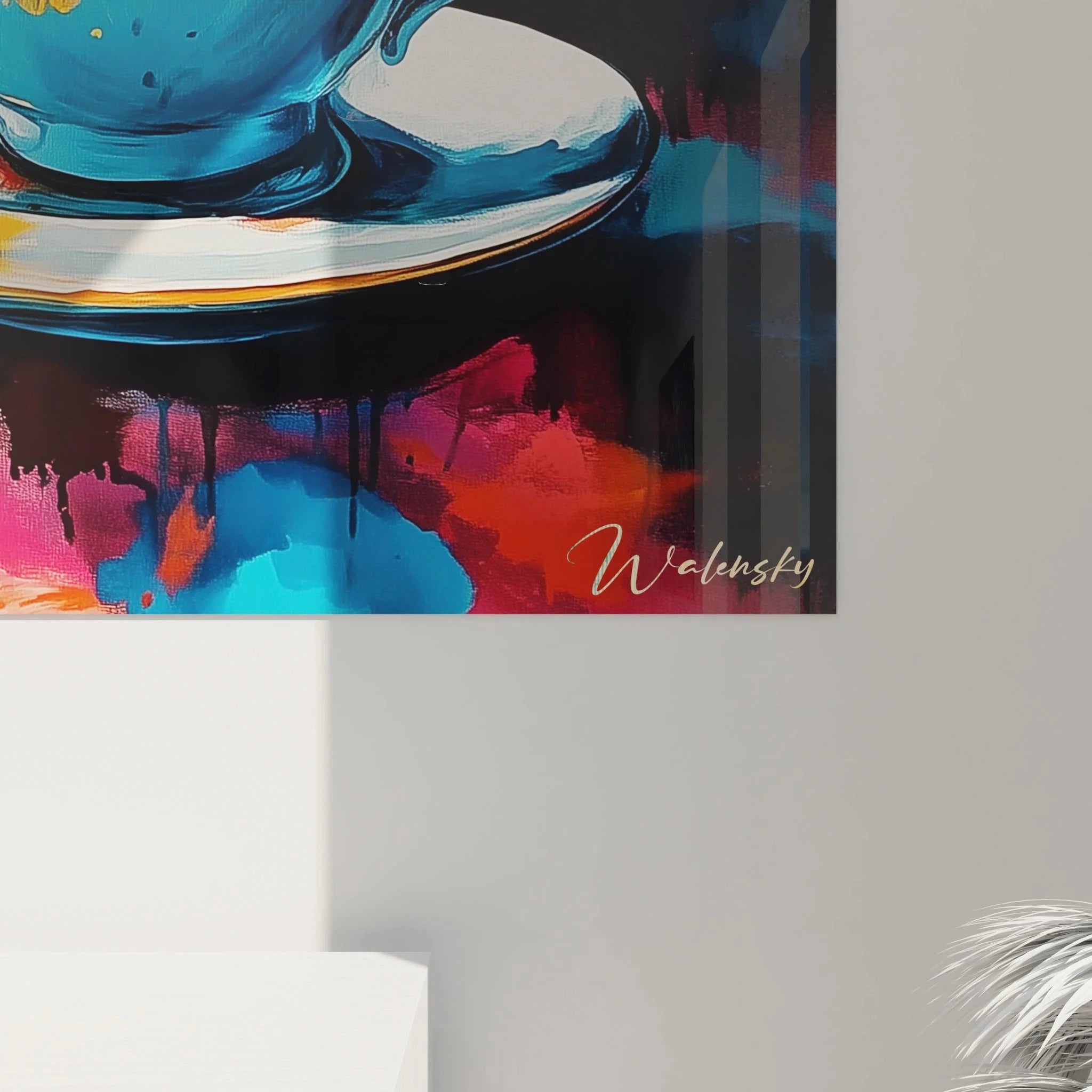 Gesamtansicht Wandbild abstrakte Kaffeetasse mit Farbexplosion - moderne Kaffee Wandkunst XXL