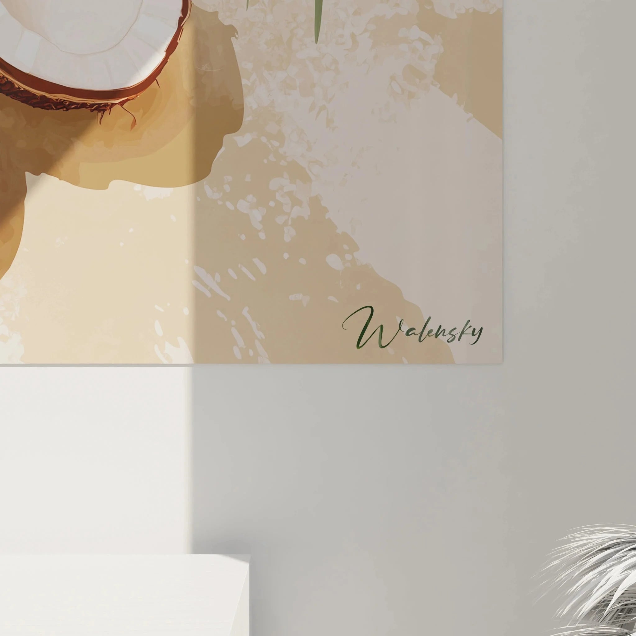 Gesamtansicht tropisches Kokosnuss Wandbild XXL - exotische Wandkunst mit Palmenblättern