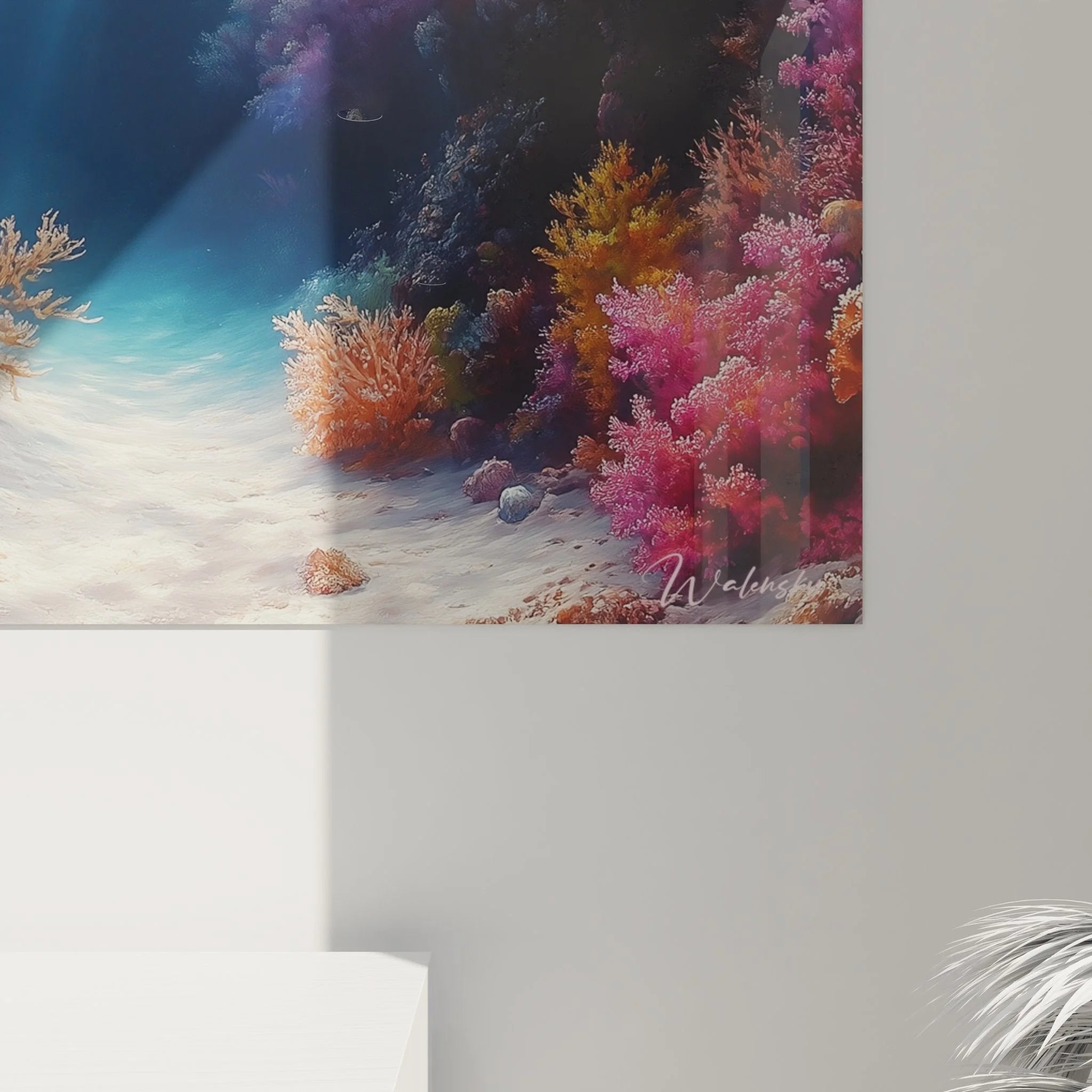 Gesamtansicht Wandbild Korallenriff mit rosa Korallen - komplette Unterwasserwelt Darstellung XXL