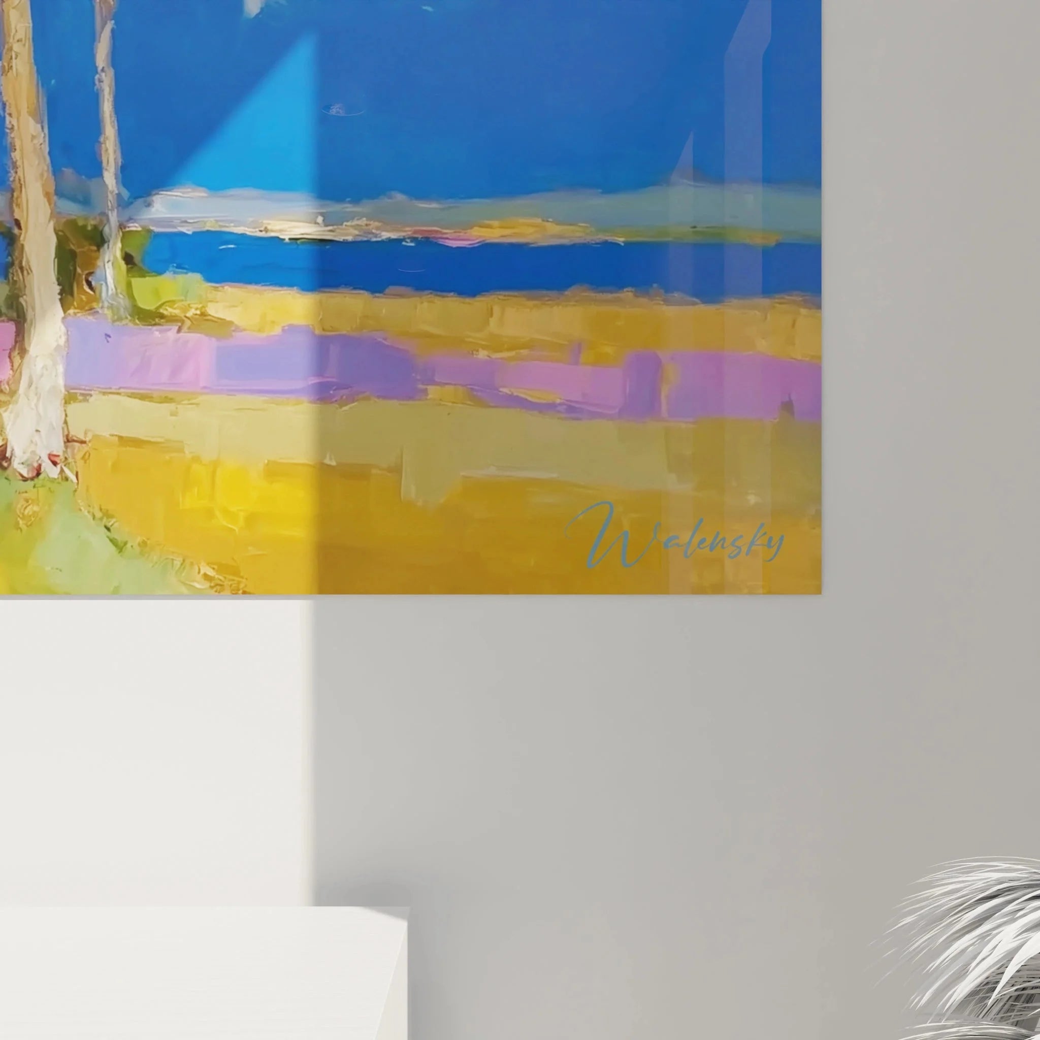 Gesamtansicht Küsten Wandbild XXL mediterran, Palmen und weiße Häuser am azurblauen Meer