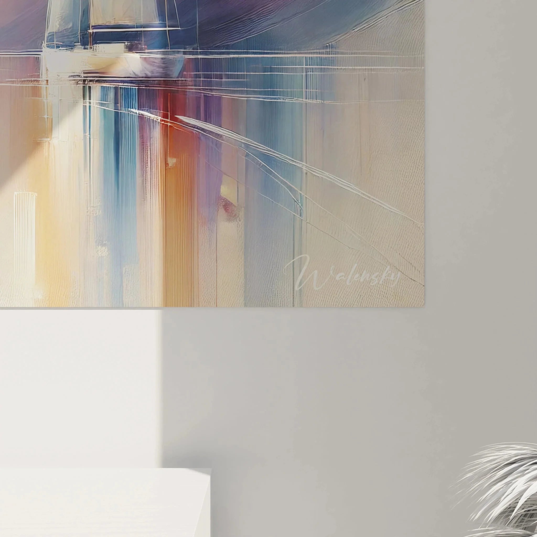 Gesamtansicht maritime Wandkunst Segelboote - Abstrakte Darstellung mit warmem Licht und Wasserspiegelung