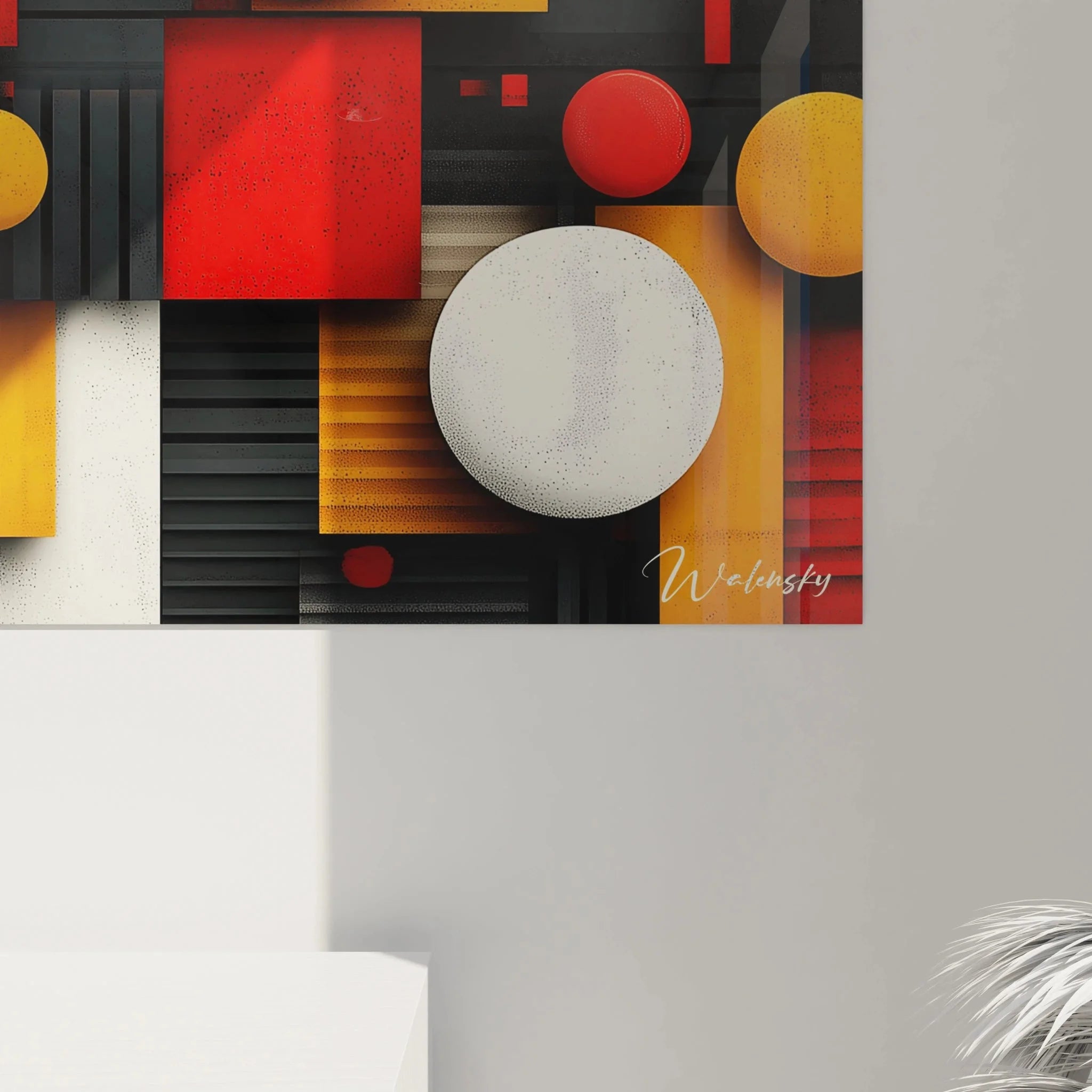 Gesamtansicht modernes Wandbild geometrische Komposition in rot-orange-schwarzer Farbpalette