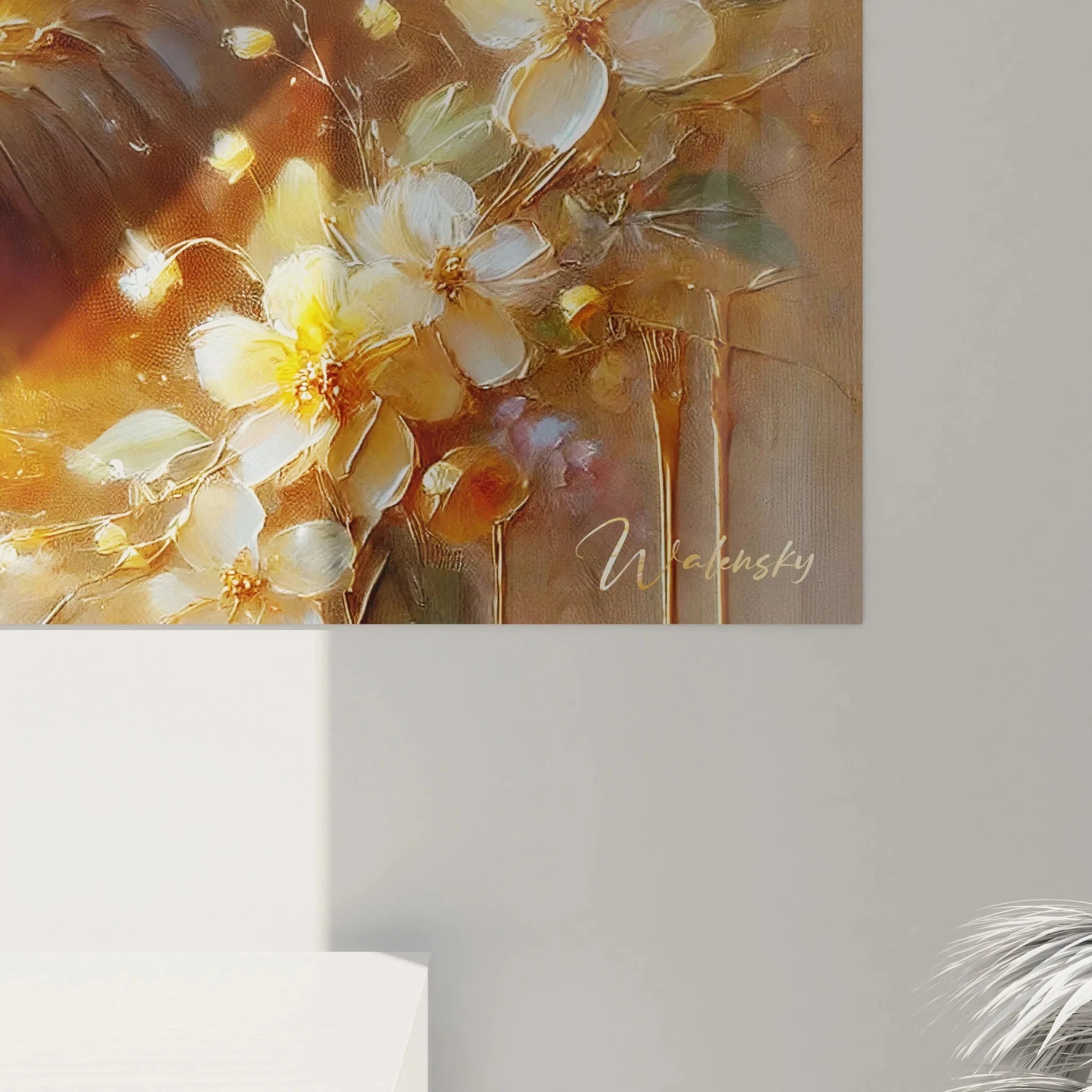 Gesamtansicht mystisches Bären Wandbild - komplette Darstellung des goldenen Braunbären am Teich