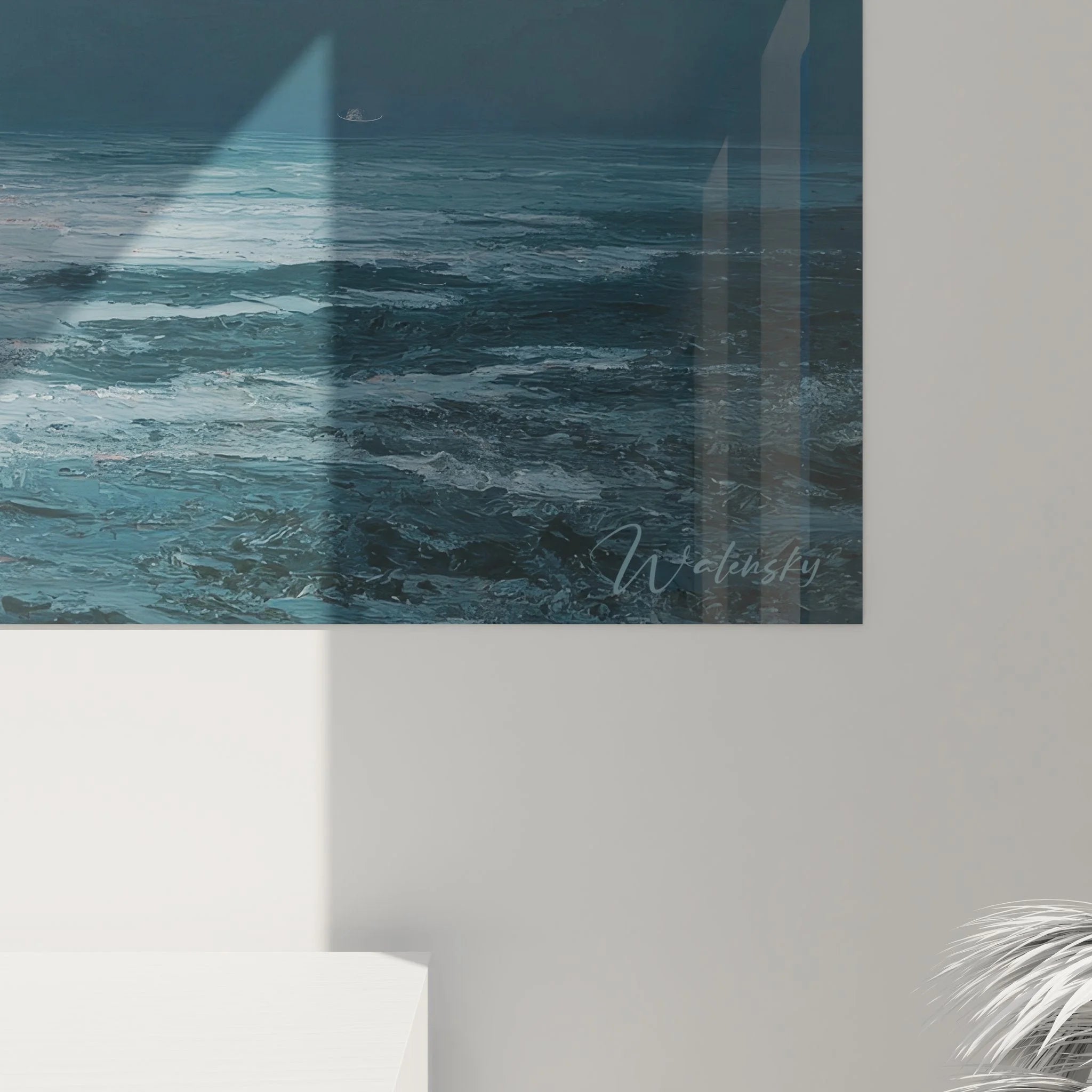 Gesamtansicht nächtliches Meer Wandbild mit Vollmond am Himmel und bewegten Wellen im Vordergrund