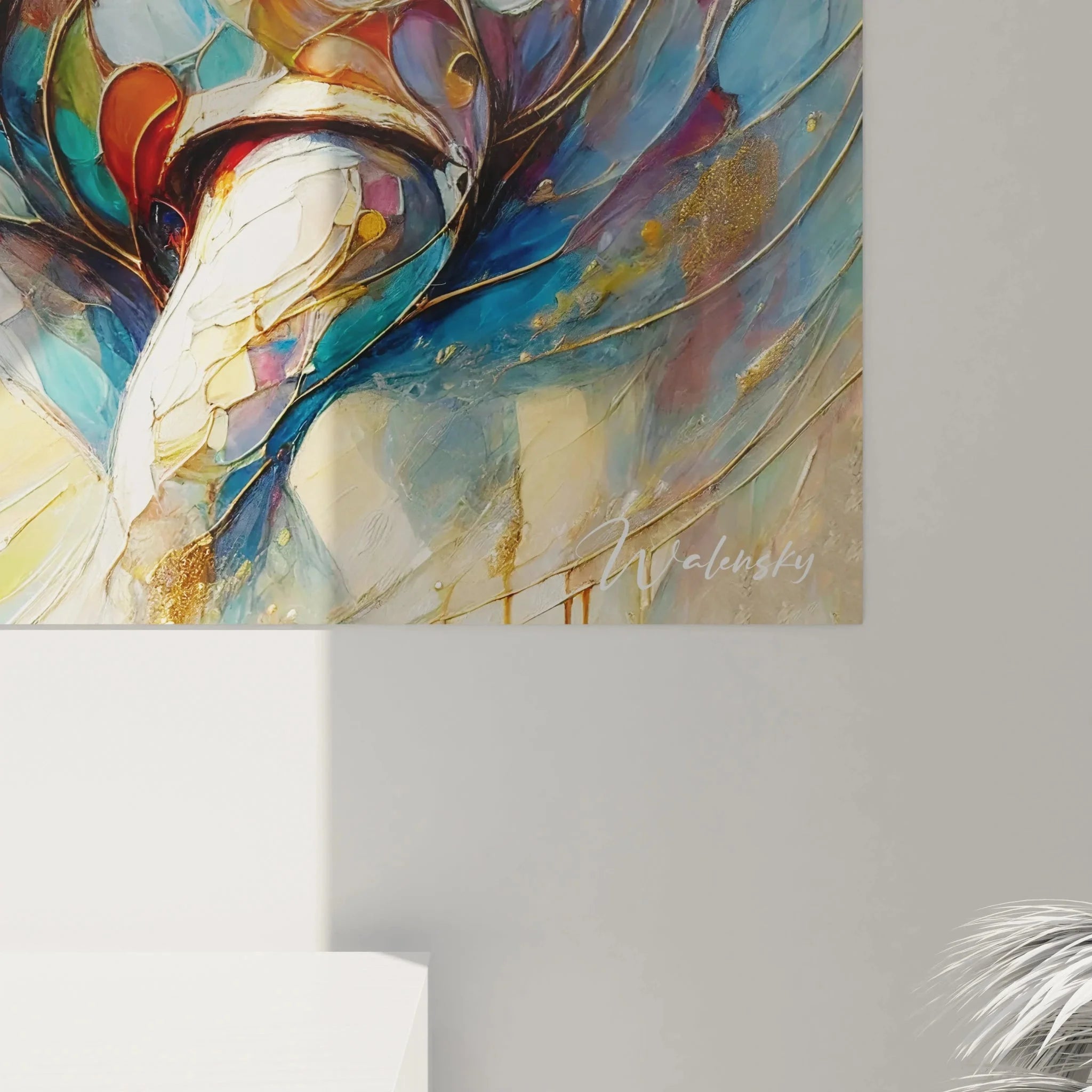 Gesamtansicht modernes Wandbild Nashorn XXL mit wirbelnden Farben und abstrakten Elementen als Raumdekoration