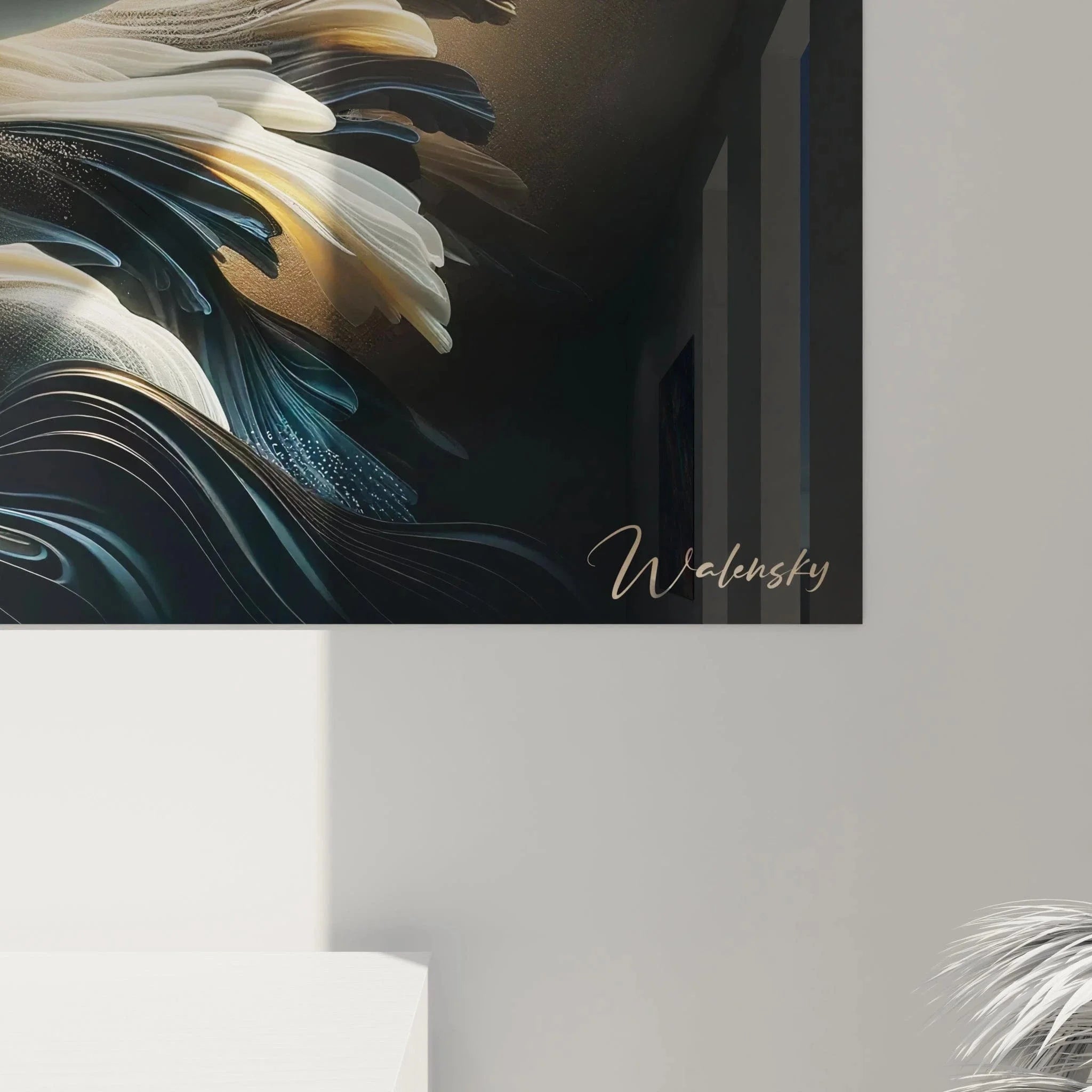 Gesamtansicht Orca Wandbild - majestätischer Meeressäuger in stylisierten Wellen, moderne Tierwandkunst