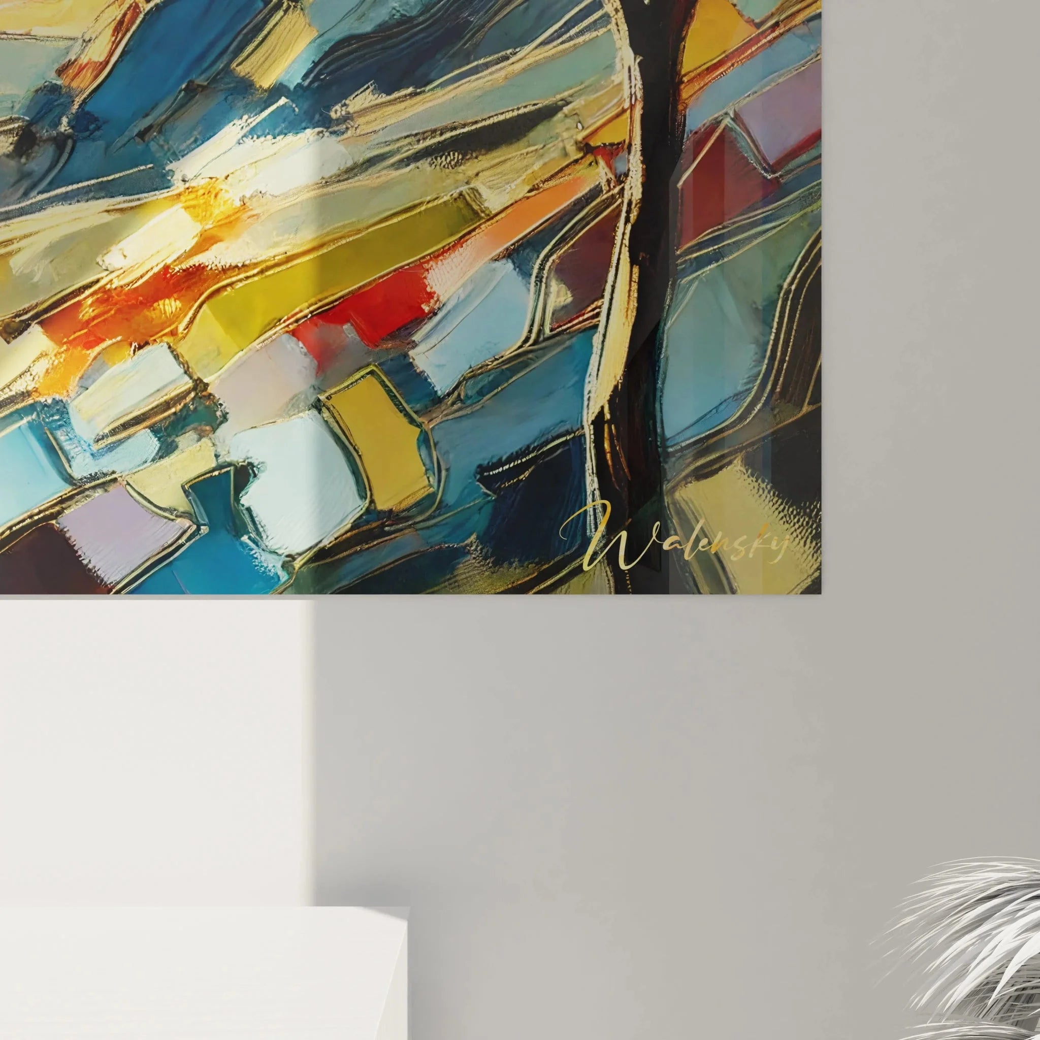 Gesamtansicht des Sonnenuntergang Paar Wandbildes mit dramatischem Himmel und romantischer Stimmung