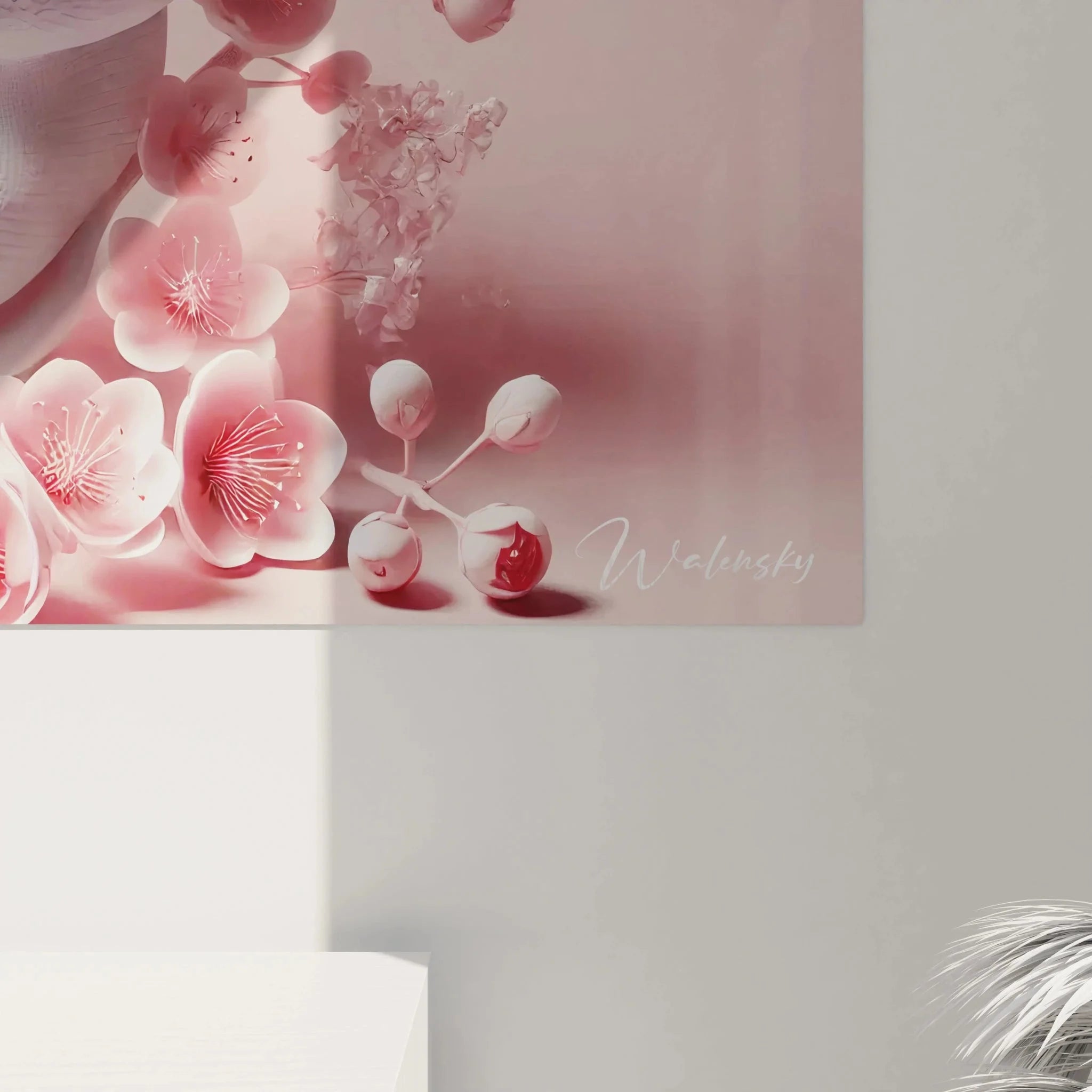 Gesamtansicht des Kirschblüten Wandbildes mit eleganter weißer Schlange in rosa Ambiente