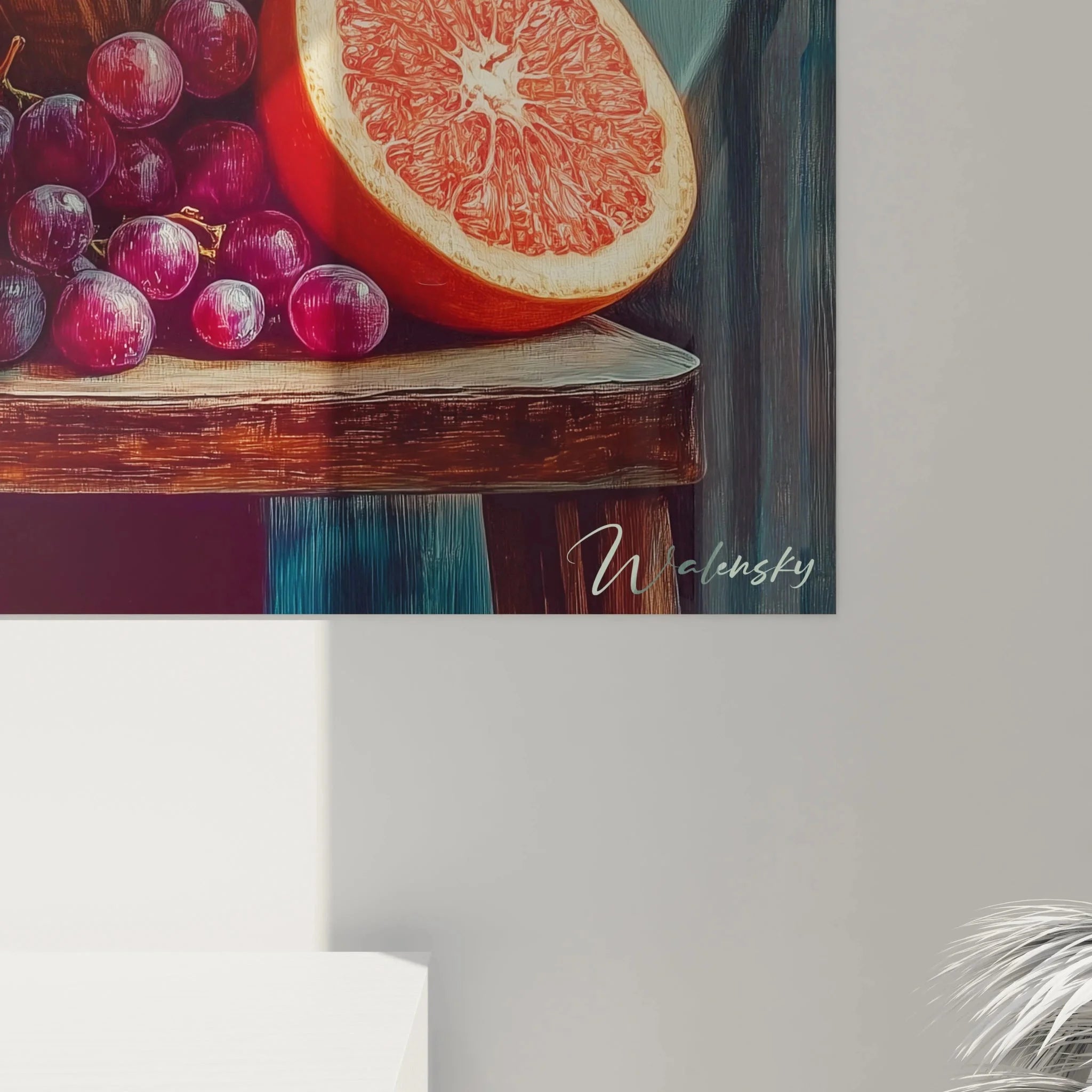 Gesamtansicht Wandbild Stillleben Keramikvase Früchte Komposition türkiser Hintergrund