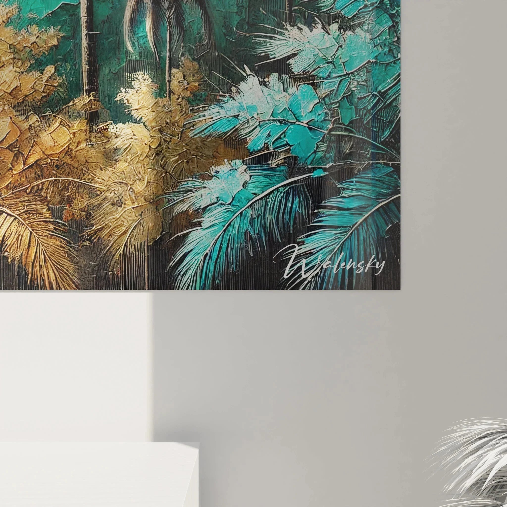 Gesamtansicht Palmen Leinwand - Tropisches Wandbild mit kompletter Palmendarstellung im Aquarellstil