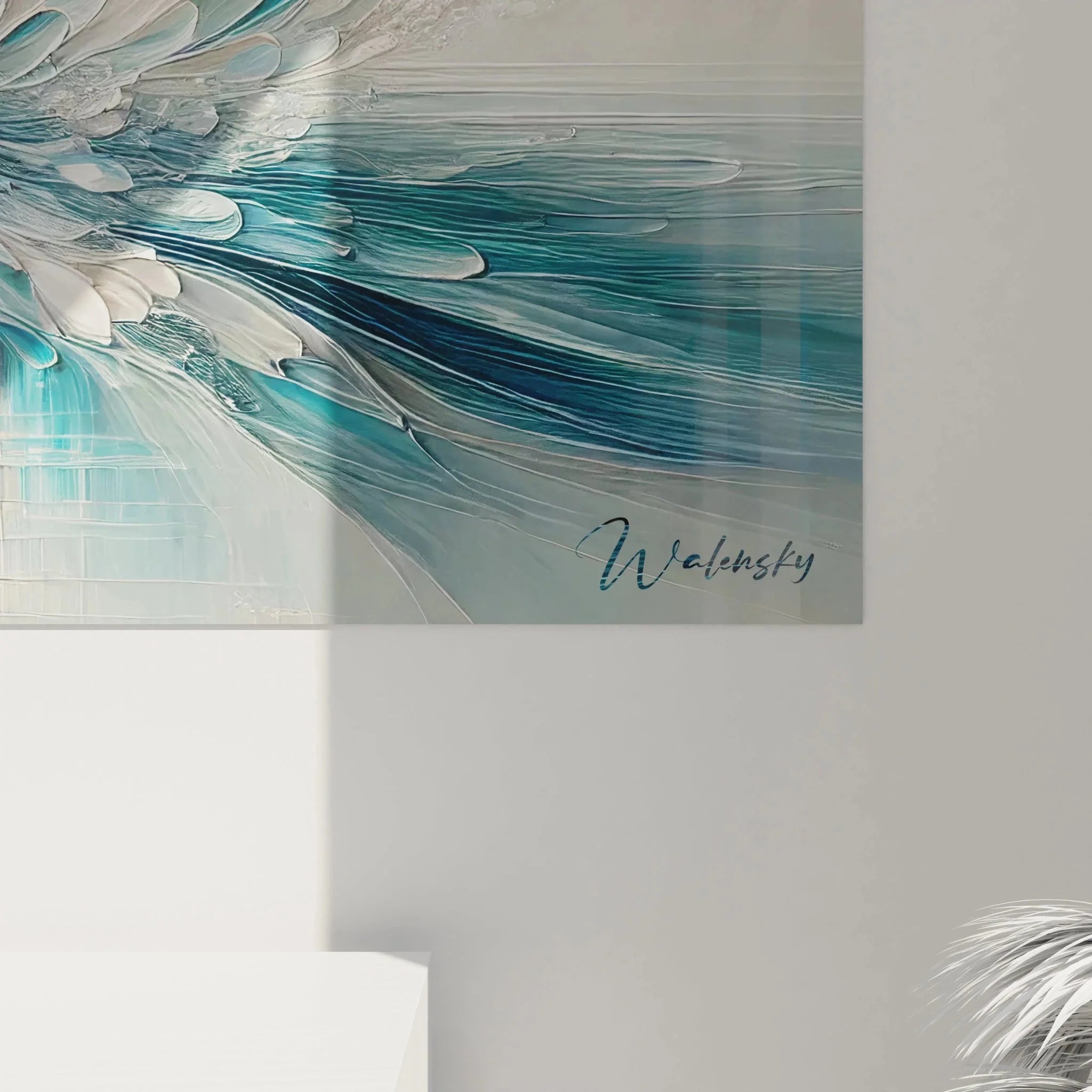 Gesamtansicht Wandbild Walfluke abstrakt mit dynamischen Formen und maritimer Ästhetik