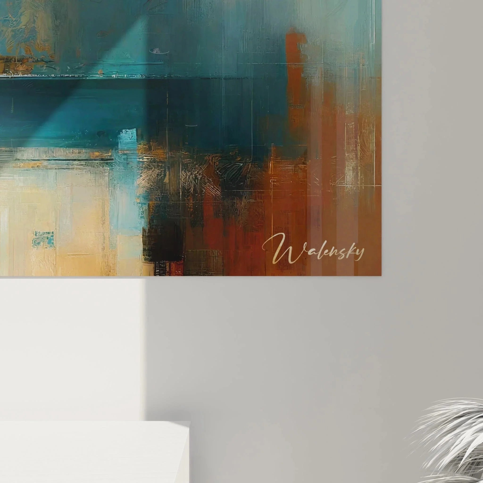 Gesamtansicht Wandbild abstrakte Komposition - expressionistische Kunst mit urbanen Reflexionen und Lichteffekten