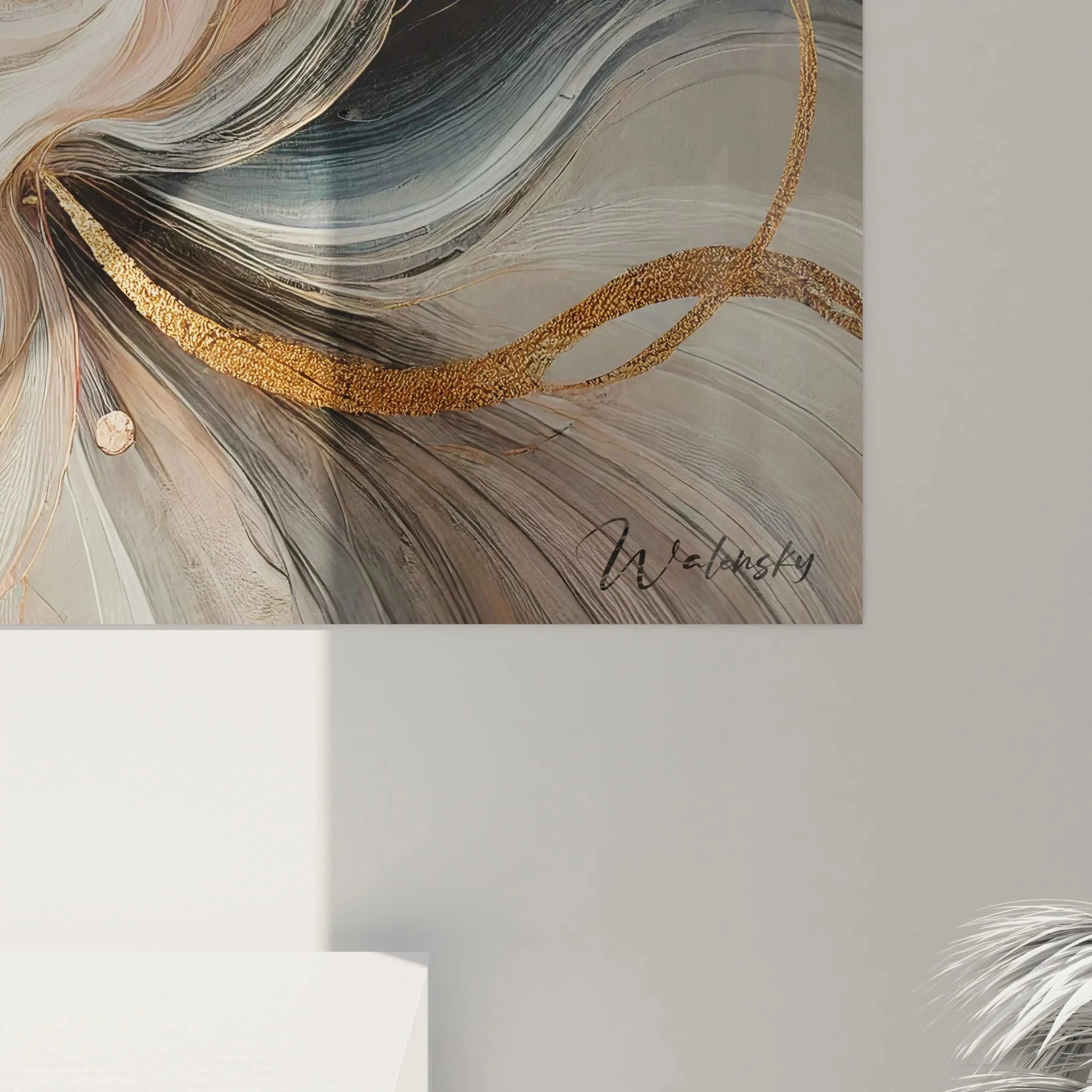 Gesamtansicht Wandbild abstrakte Kunst mit fließenden Formen in Gold Rosa - XXL Format