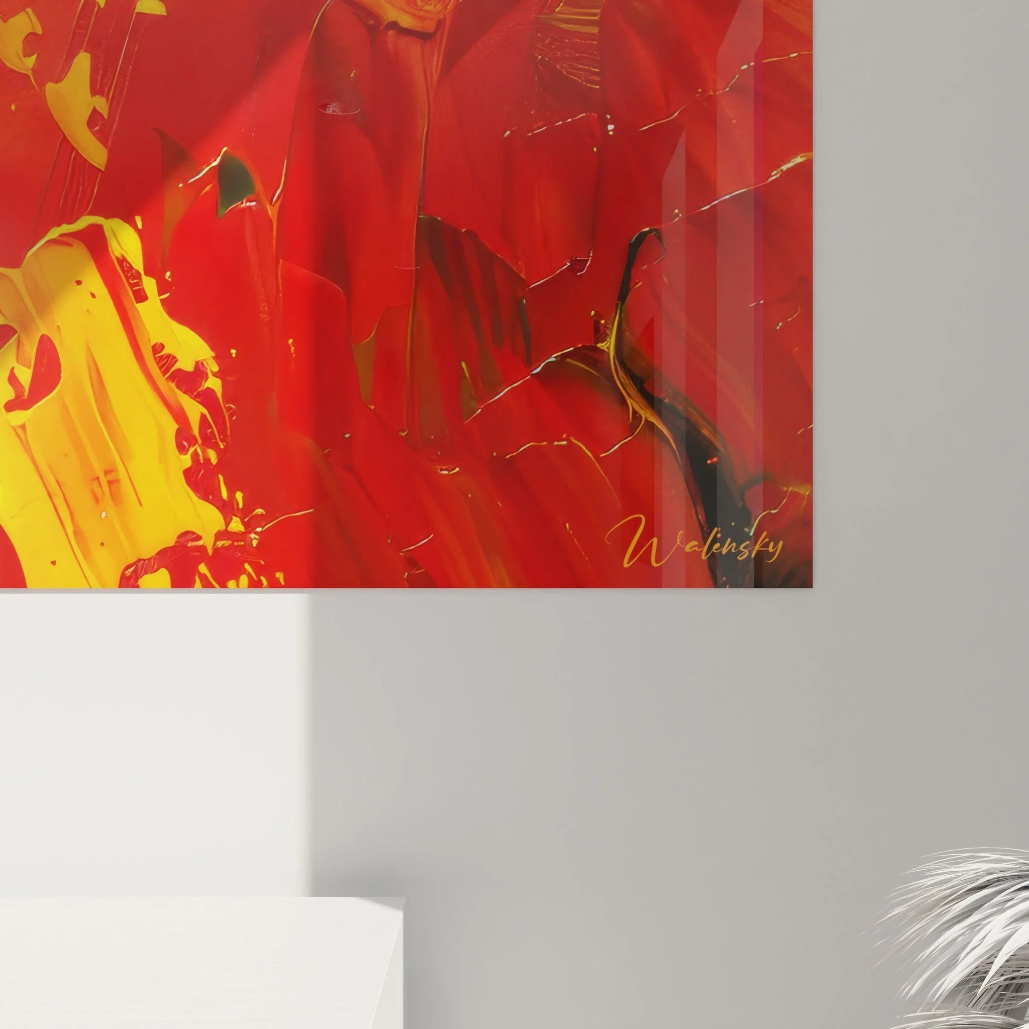 Gesamtansicht Wandbild abstrakte Malerei horizontal Format in feurigen Rot Orange Gelb Nuancen