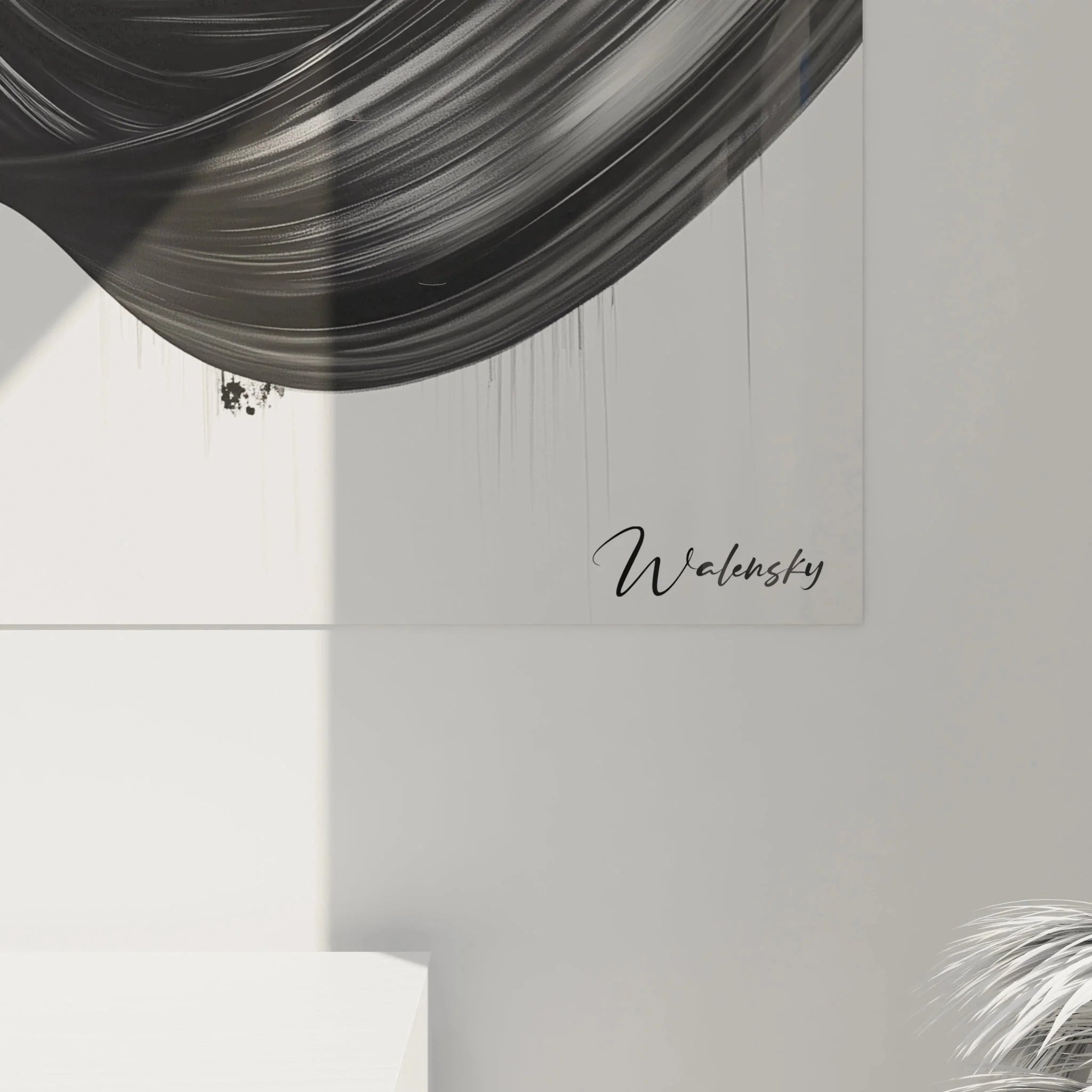 Gesamtansicht Wandbild abstrakte Kunst schwarz-weiß Pinselstriche Wohnraumgestaltung moderne Dekoration