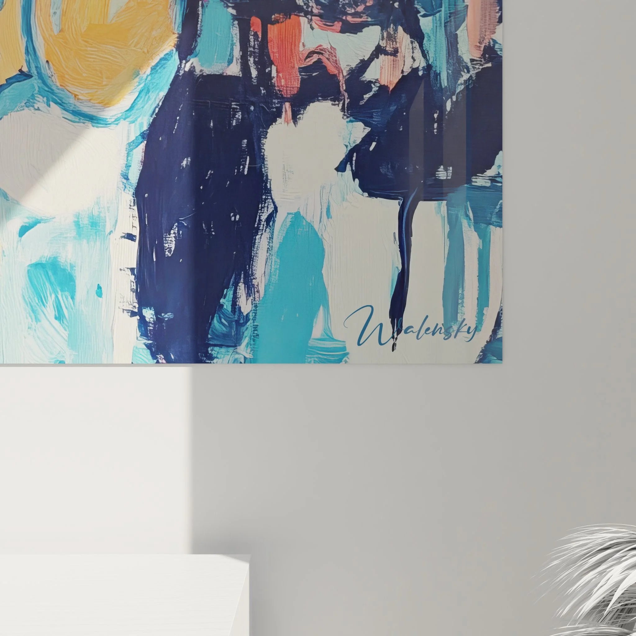 Gesamtansicht des abstrakten Wandbildes mit blauen Figuren in moderner Malerei-Optik Darstellung