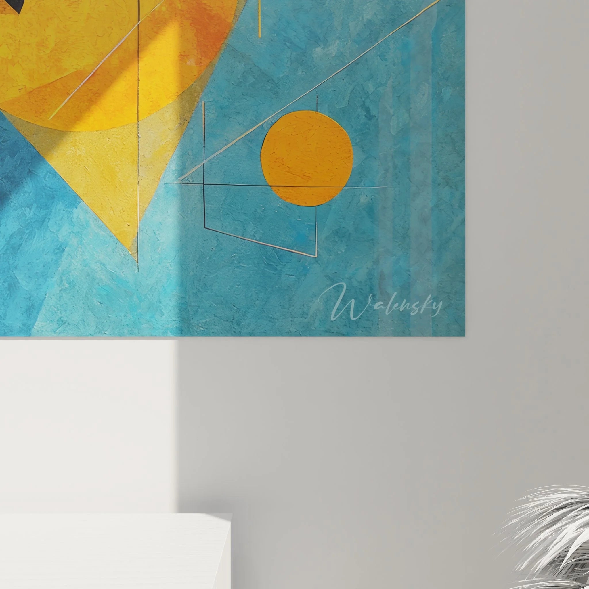 Gesamtansicht modernes Wandbild abstrakte Geometrie Blau Orange für Wohnraumdekoration