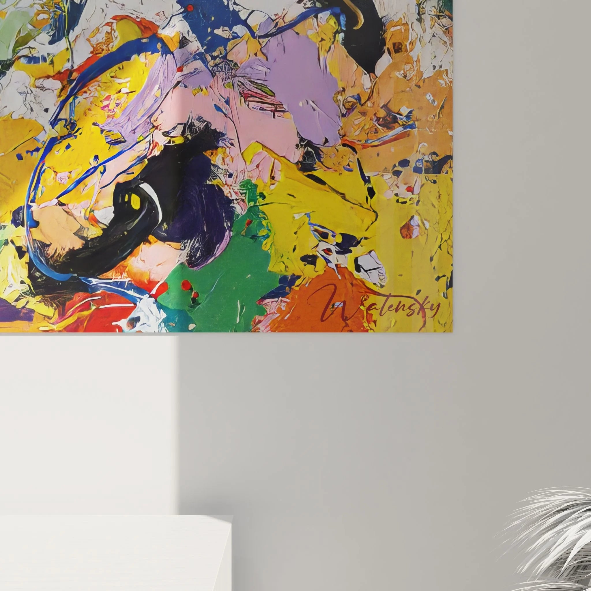 Gesamtansicht abstraktes Wandbild mit dynamischer Farbkomposition für zeitgenössische Raumausstattung