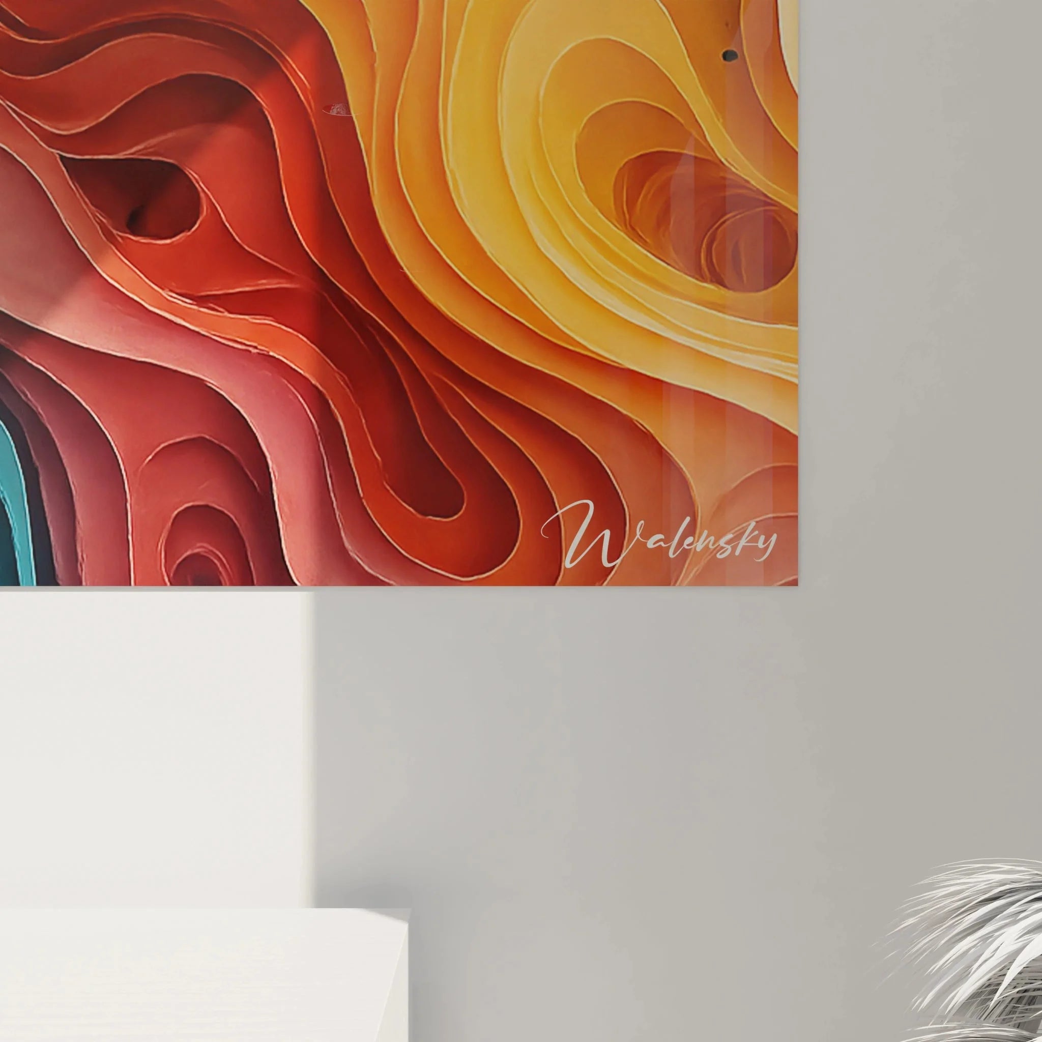 Gesamtansicht Wandbild abstrakte Kunst mit fließenden Wellen und geometrischen Punktelementen