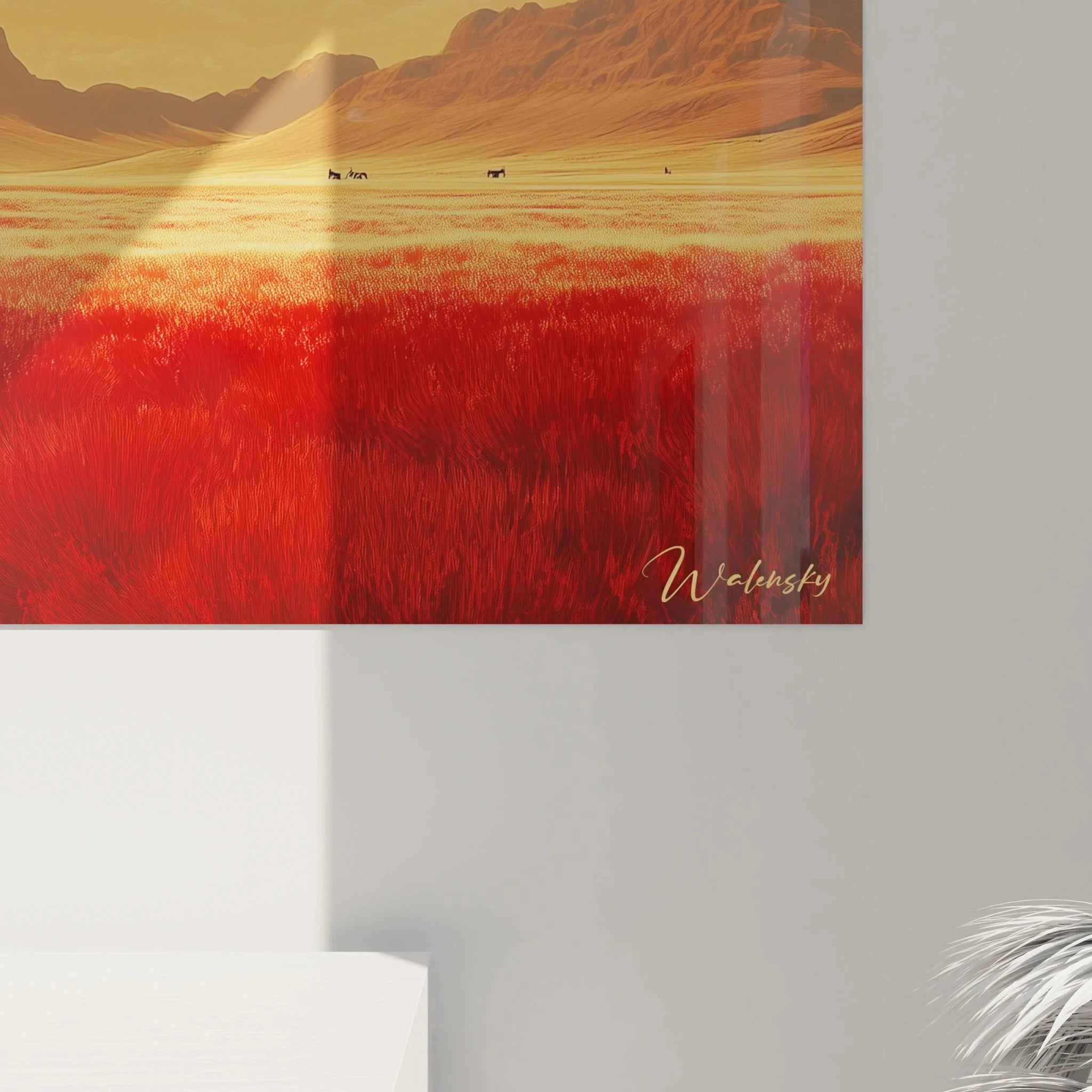 Gesamtansicht Wandbild Afrika Gnu Sonnenuntergang als XXL Wanddekoration im Wohnraum