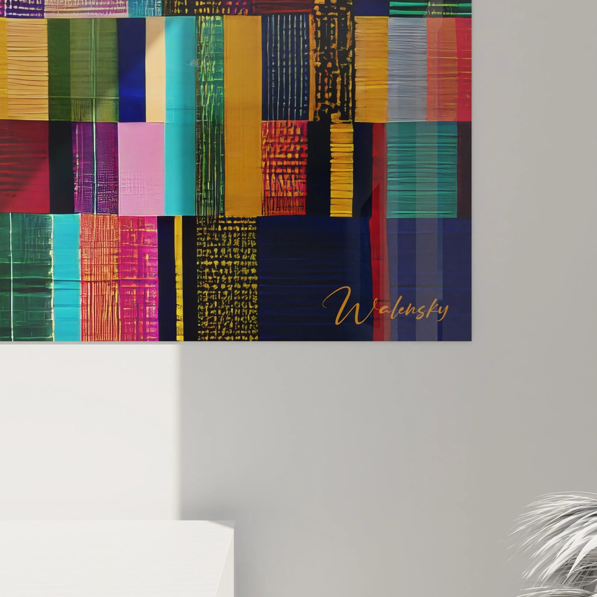 Gesamtansicht Wandbild afrikanische Textilkunst mit modularem geometrischem Patchwork-Design
