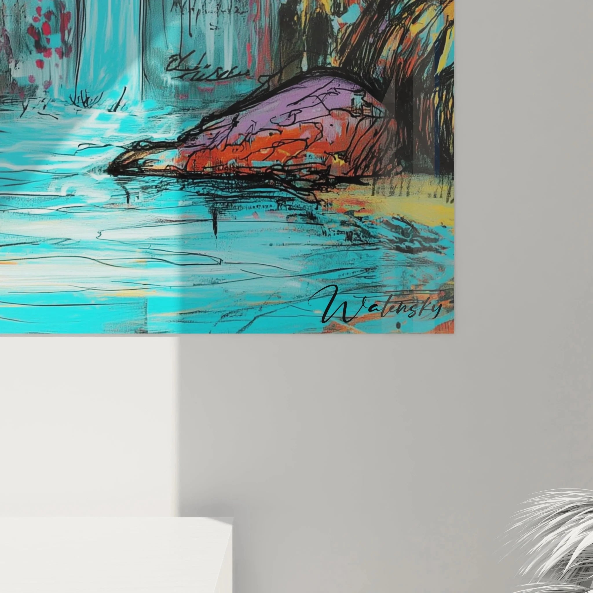 Gesamtansicht mystisches Afrika Wandbild mit Baum, Wasserfall und warmer Farbkomposition für Wohnräume