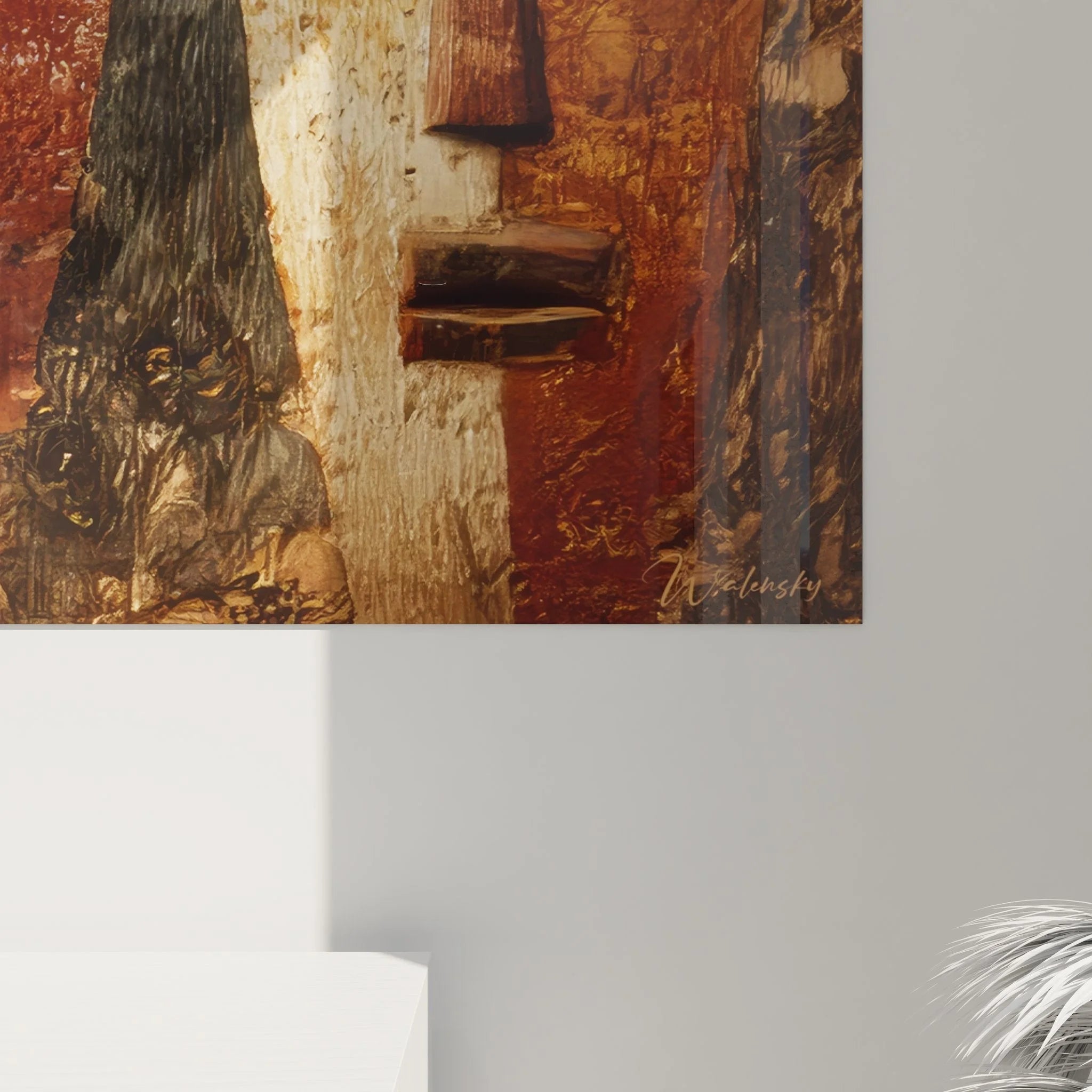 Gesamtansicht Wandbild afrikanische Masken mit authentischer Maltechnik und Erdfarben-Palette