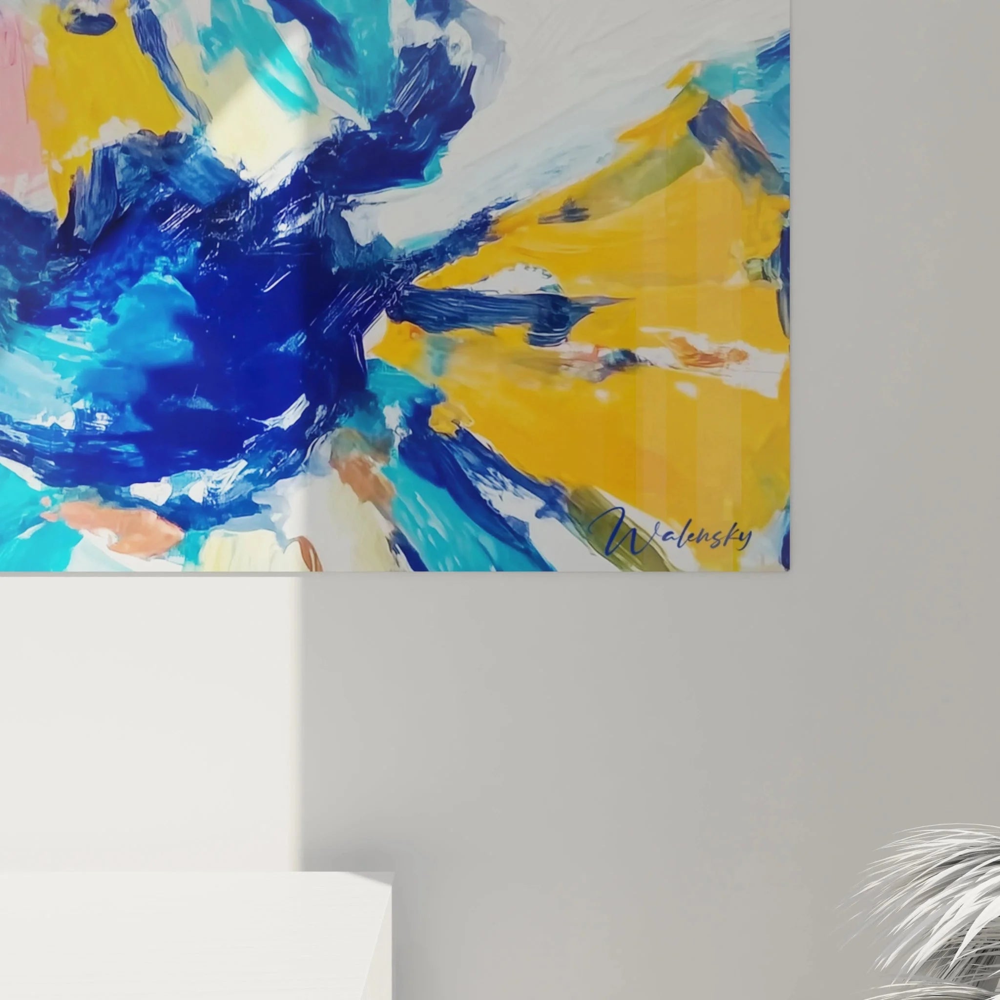 Gesamtansicht Wandbild afrikanischer Tanz in blau, moderne Tanzkunst als Wanddekoration im Raum