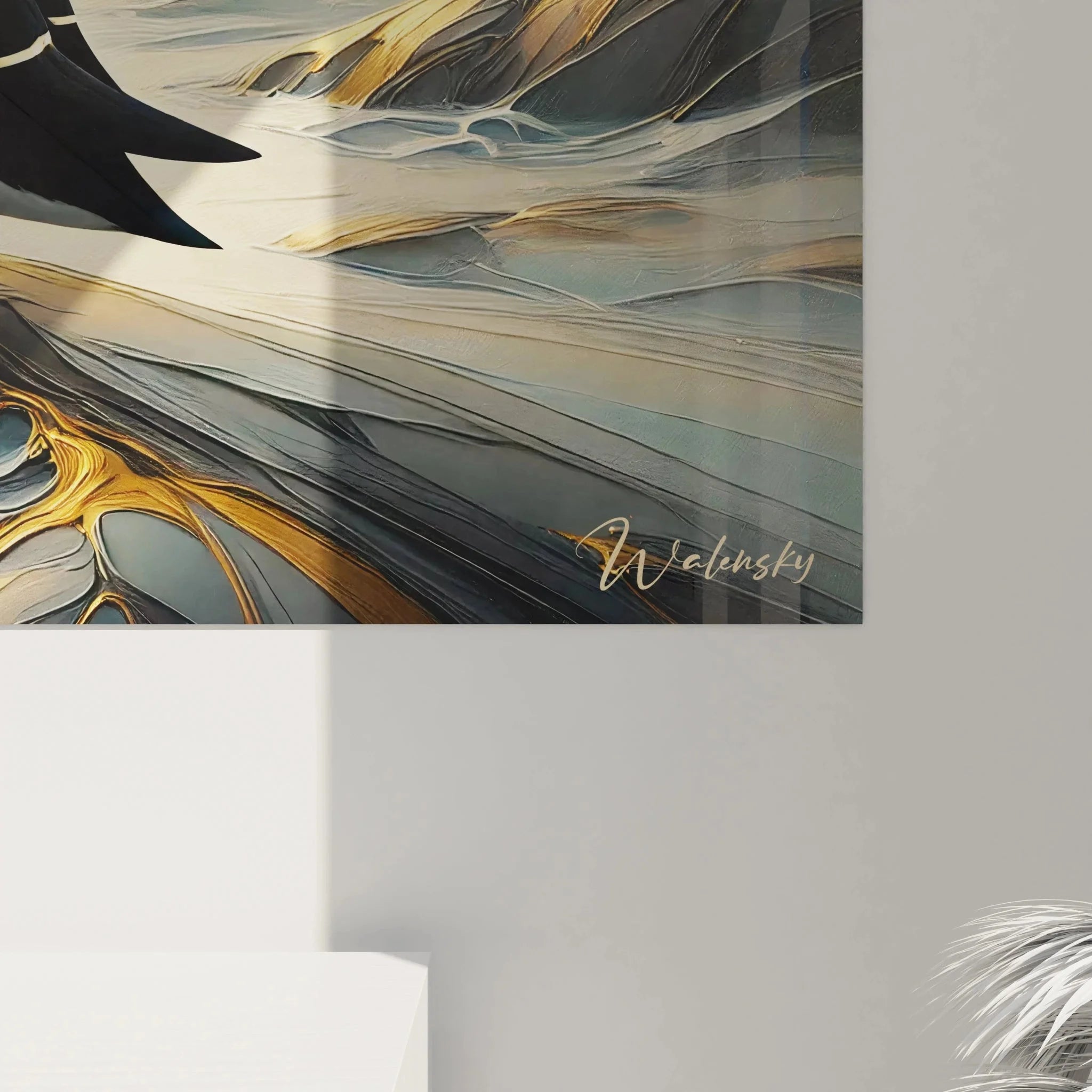 Gesamtansicht Wandbild Alkenvogel Razorbill, maritime XXL Kunst mit goldenen Klippen in modernem Rahmen