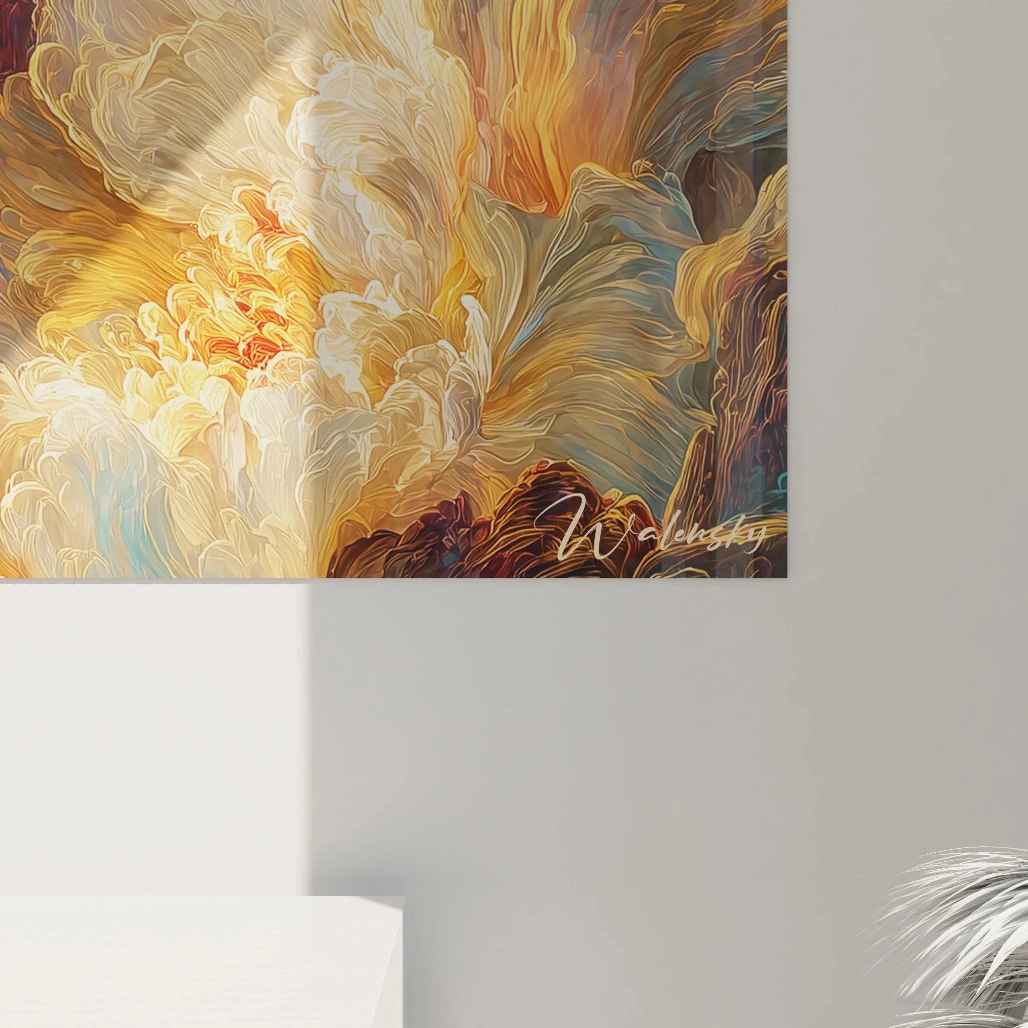 Gesamtansicht Wandbild Barock Blumen in luxuriöser Farbkomposition aus Gold, Orange und Türkis