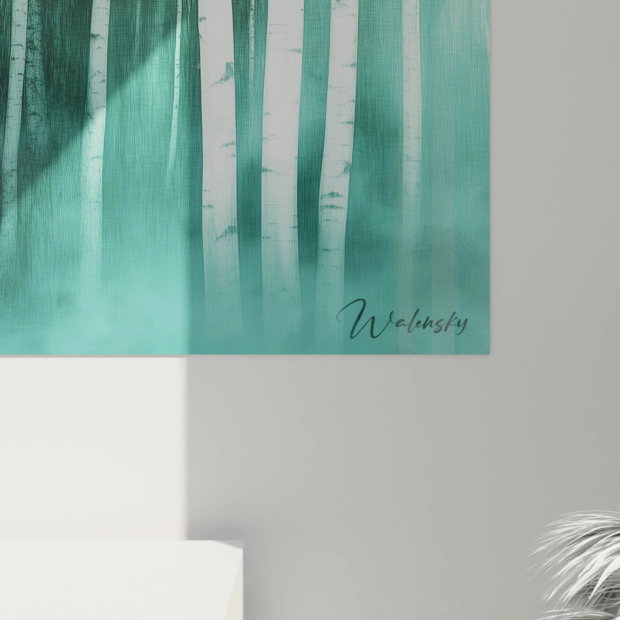 Gesamtansicht Leinwandbild Birkenwald, neblige Waldlandschaft in türkisen Farbtönen komplett