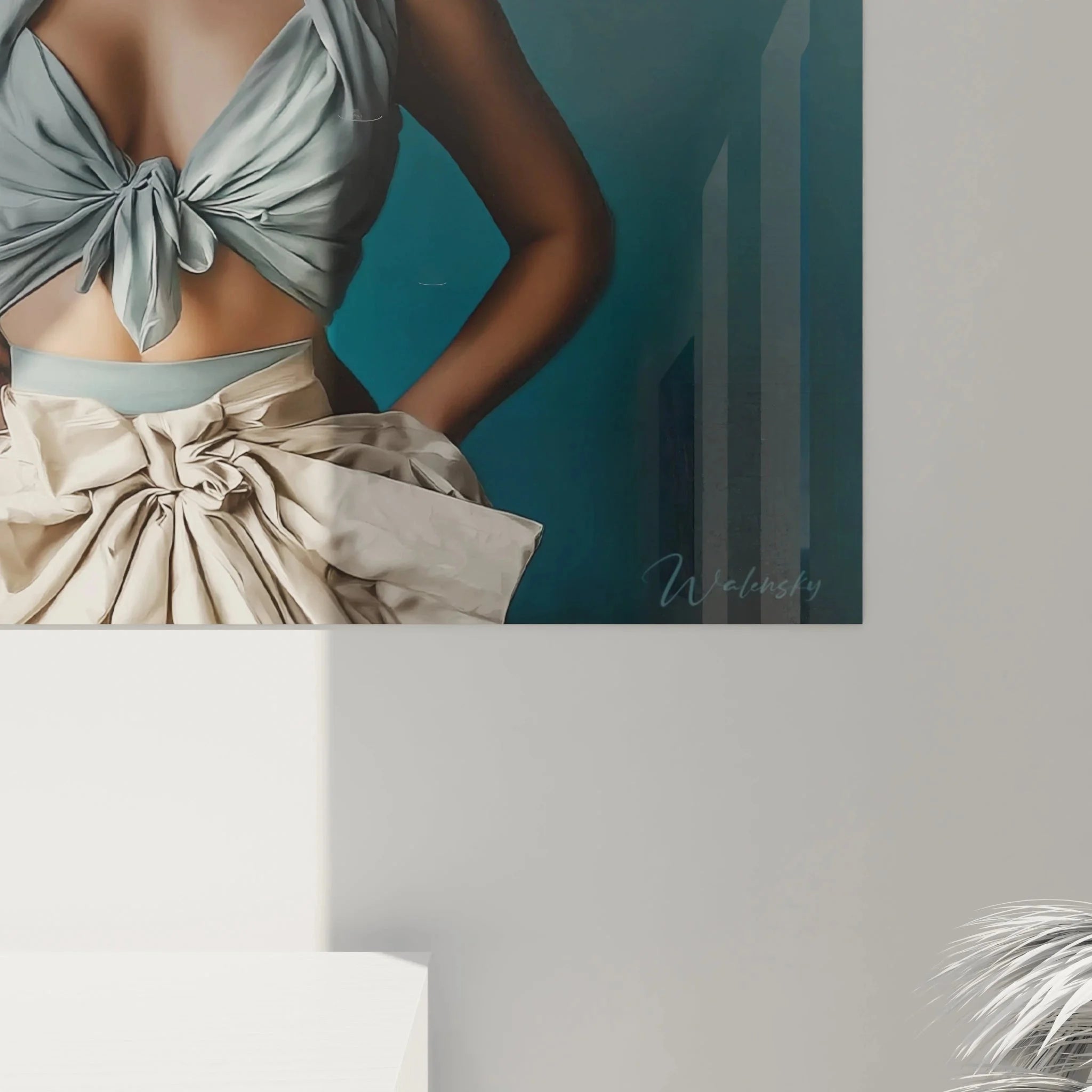 Gesamtansicht Premium Wandbild elegante Dame Vintage Stil mit antikem Sessel und geometrischem Hintergrund