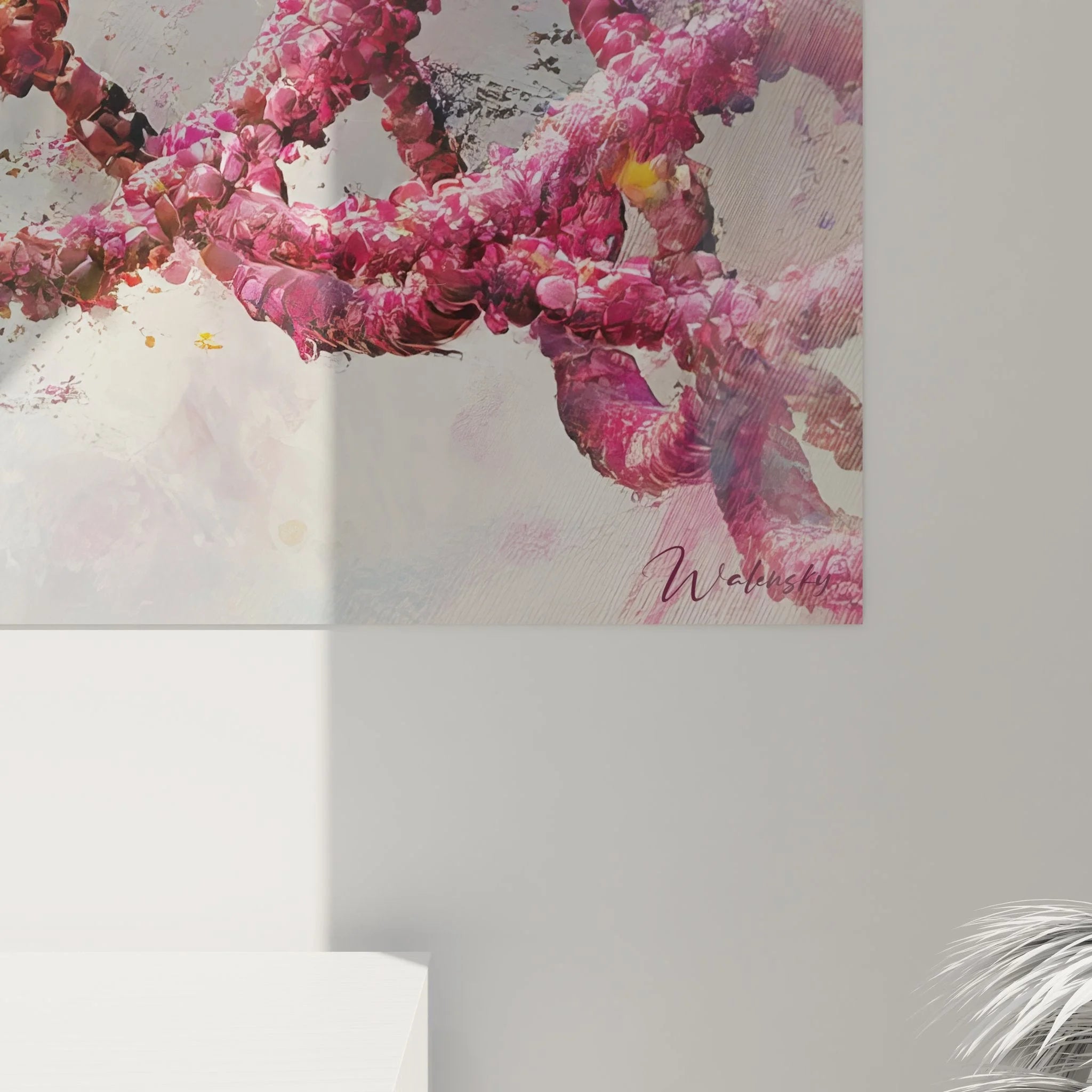 Gesamtansicht Wandbild DNA Kunst - wissenschaftliche Dekoration mit Doppelhelix Motiv in Pink-Tönen