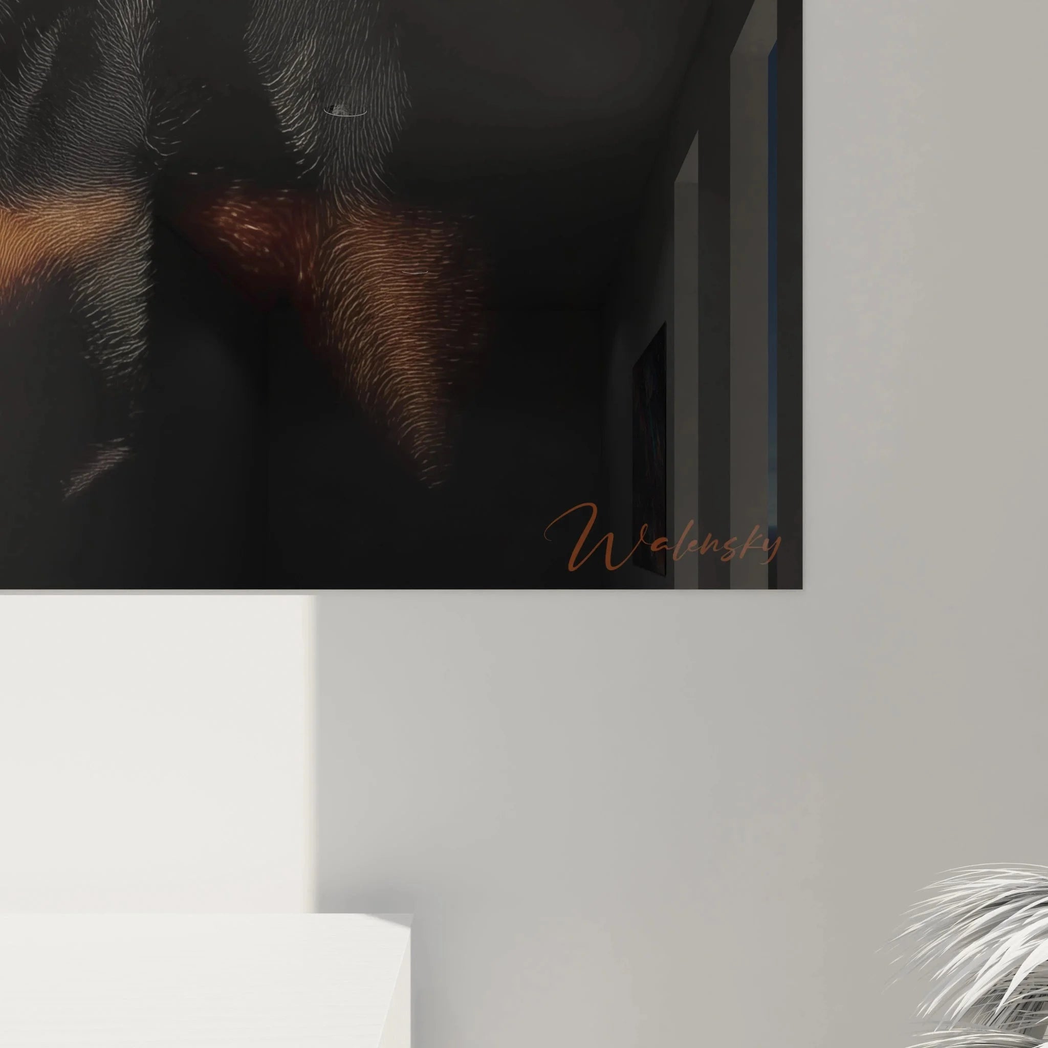 Gesamtansicht Dobermann Wandbild mit elegantem Rahmen, hochwertige Hundekunst Edition Hund