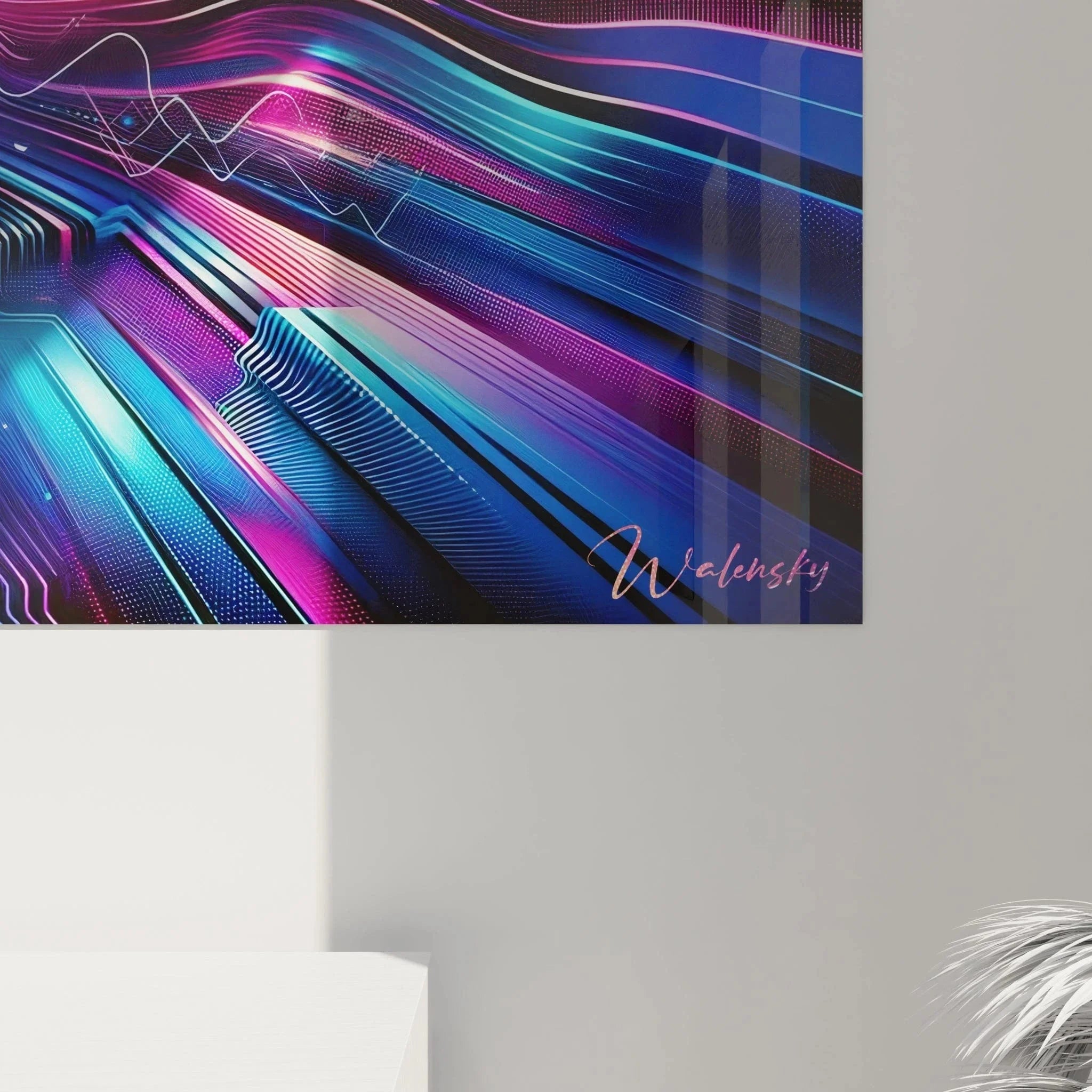 Gesamtansicht Wandbild digitaler Energiefluss moderne abstrakte Kunst für großzügige Wohnräume XXL Format