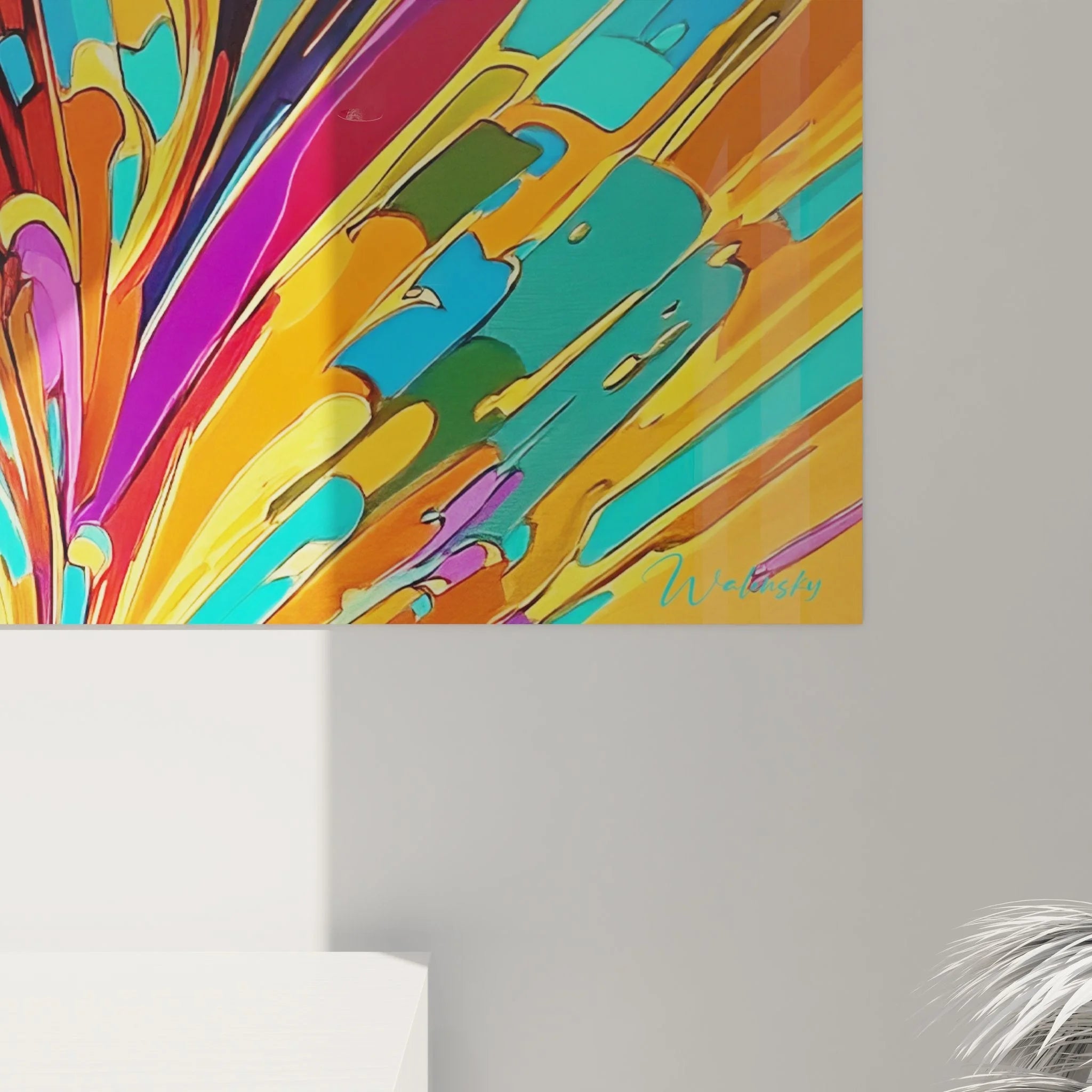 Gesamtansicht buntes Wandbild Farbexplosion, abstrakte Wandkunst mit radialen Farbstrahlen