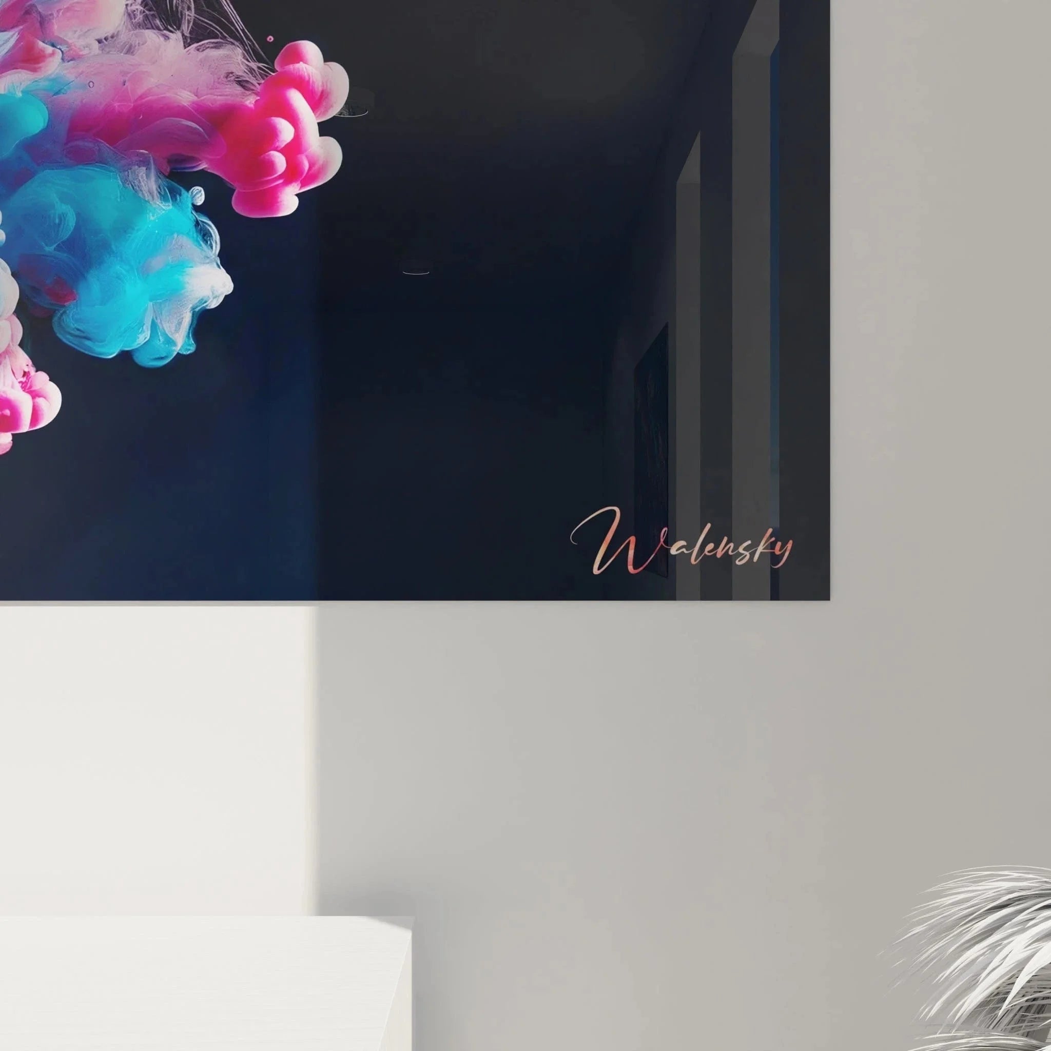 Gesamtansicht Wandbild abstrakte Farbexplosion - zeitgenössische Malerei mit dynamischen Wasserelementen