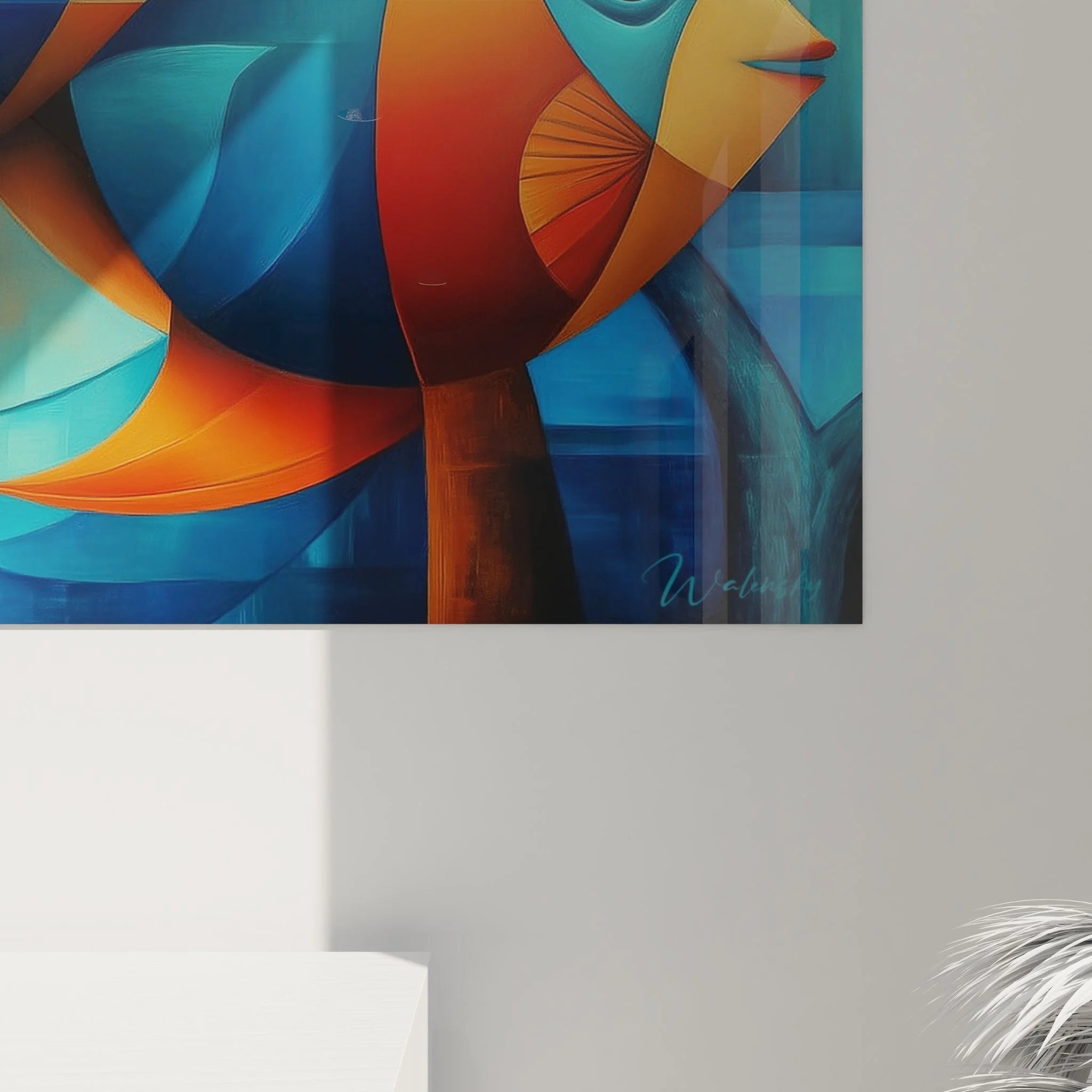 Gesamtansicht kubistisches Wandbild Fische, moderne abstrakte Meeresdarstellung für zeitgenössische Raumgestaltung