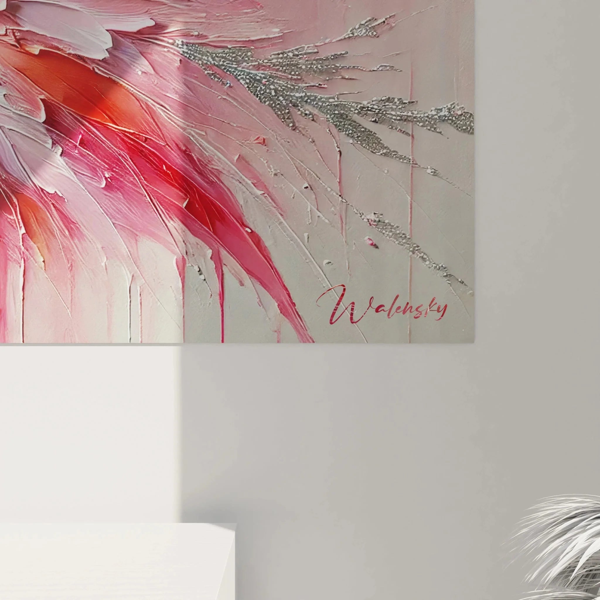 Gesamtansicht Wandbild Flamingo abstrakt - moderne Tierkunst in Rosa und Silber