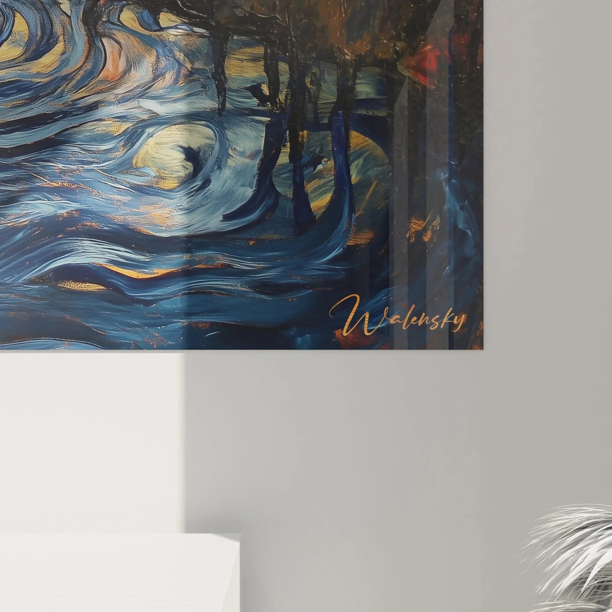 Gesamtansicht Wandbild Flusslandschaft Herbst mit dramatischem Himmel und Waldkulisse