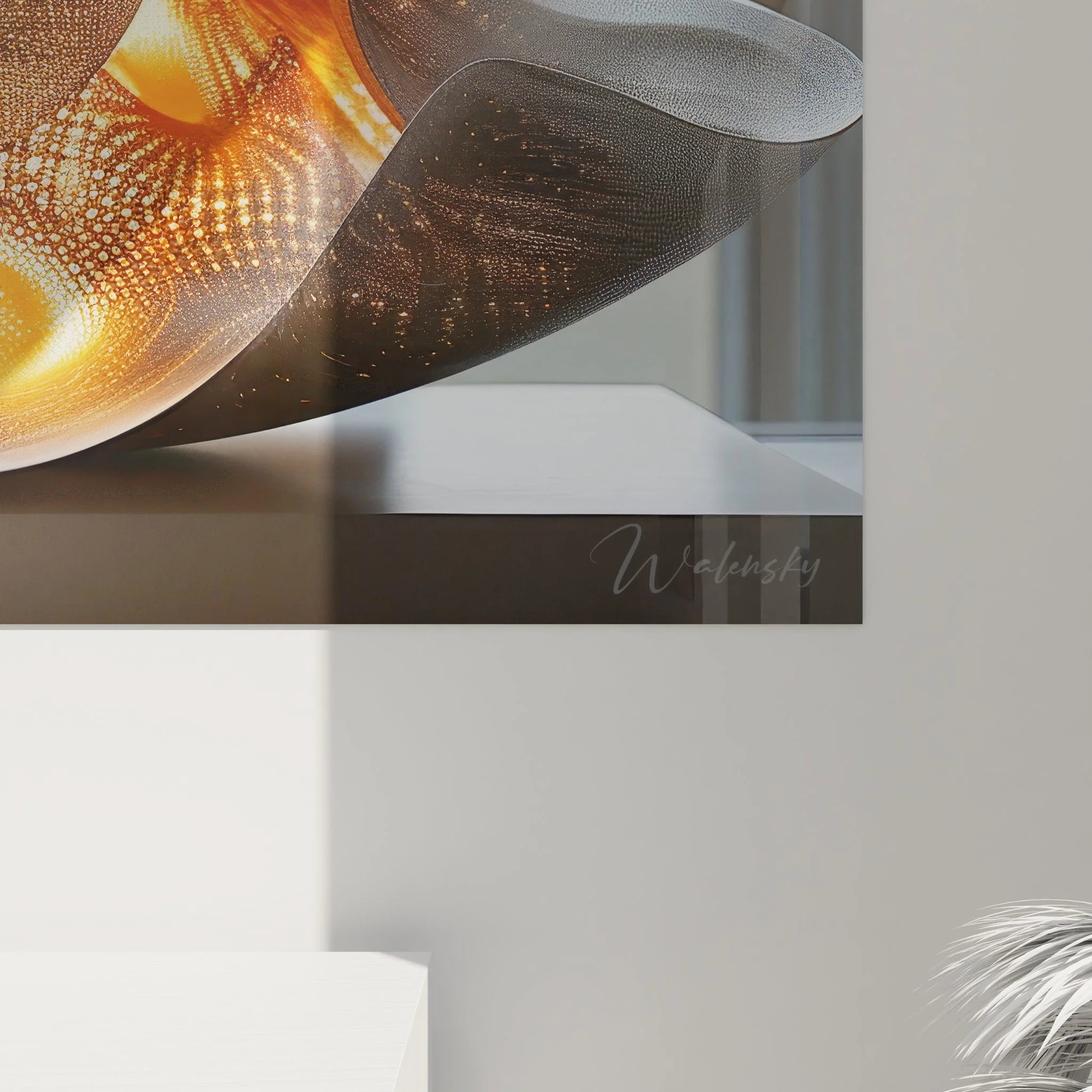 Gesamtansicht Wandbild futuristische Architektur - glühende Wellen Skulptur in modernem Raum