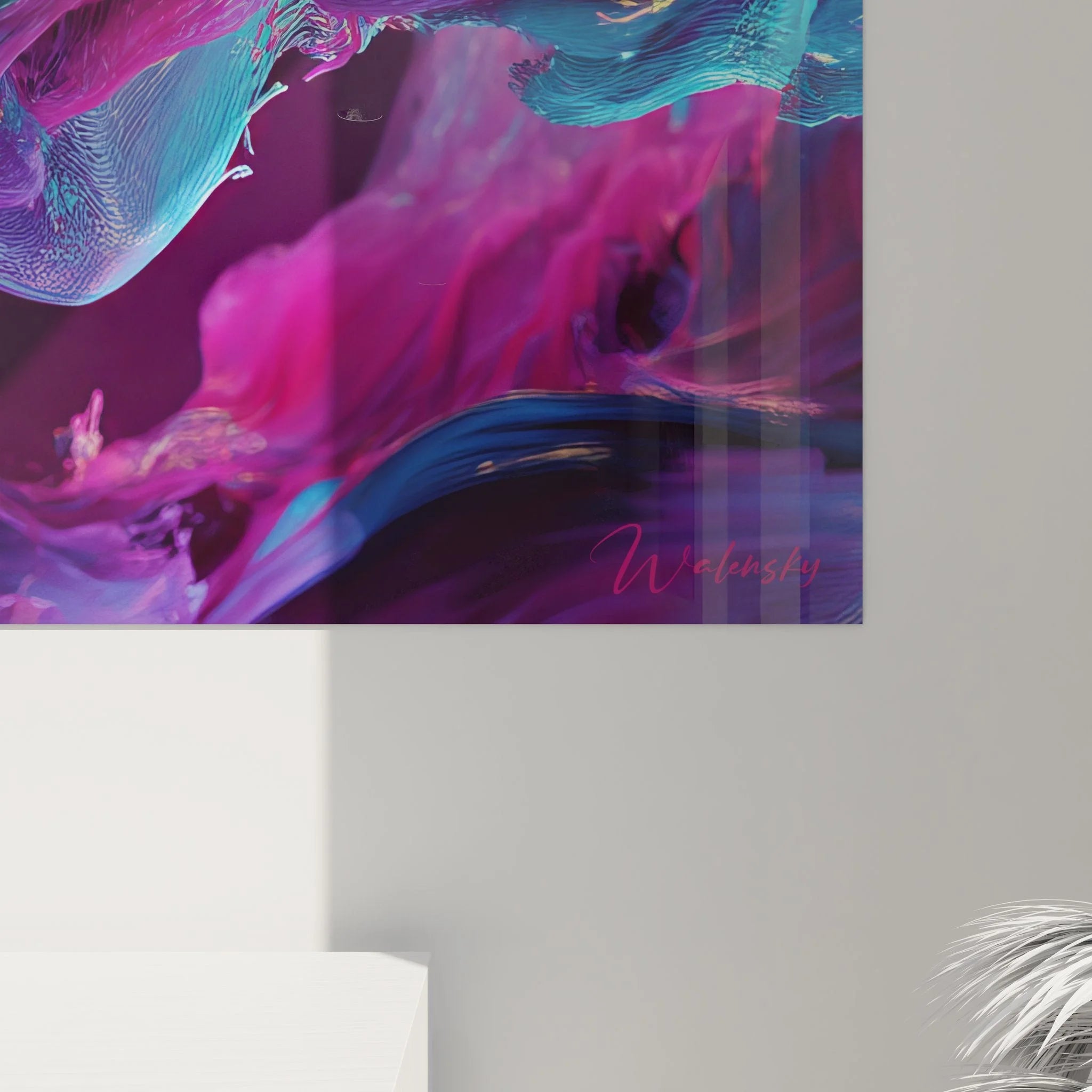 Gesamtansicht Wandbild abstrakte Dimensionen - futuristische Raumgestaltung mit dynamischen Farbverläufen