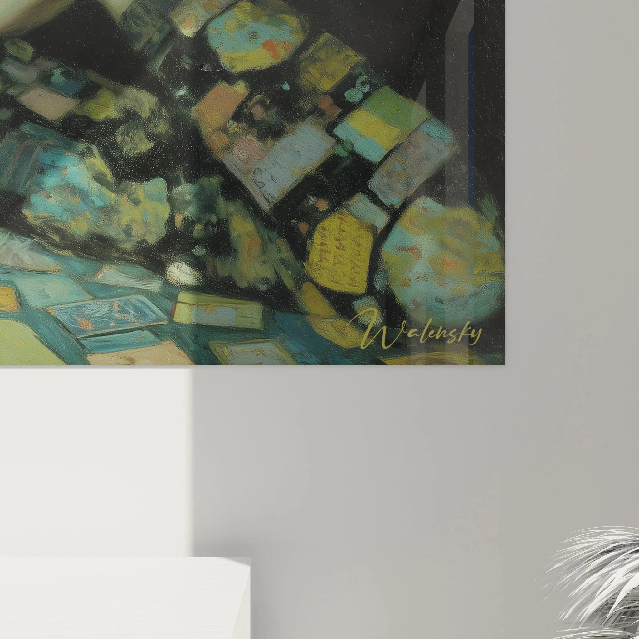 Gesamtansicht symbolistisches Wandbild Geisha beim Hanafuda-Kartenspiel in meditativer Pose